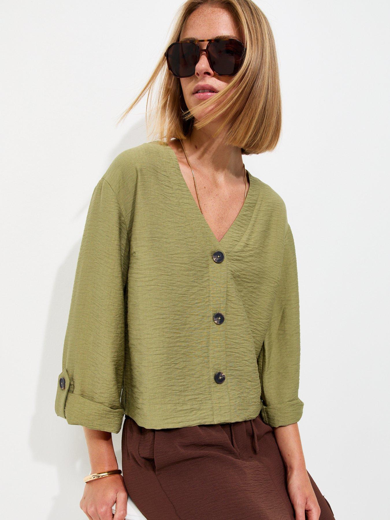 New Look Crinkle Texture V-Neck Shirt - Green