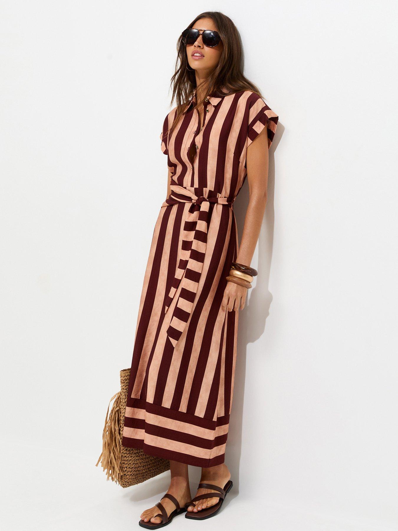 New Look Striped Short Sleeve Midi Shirt Dress - Brown