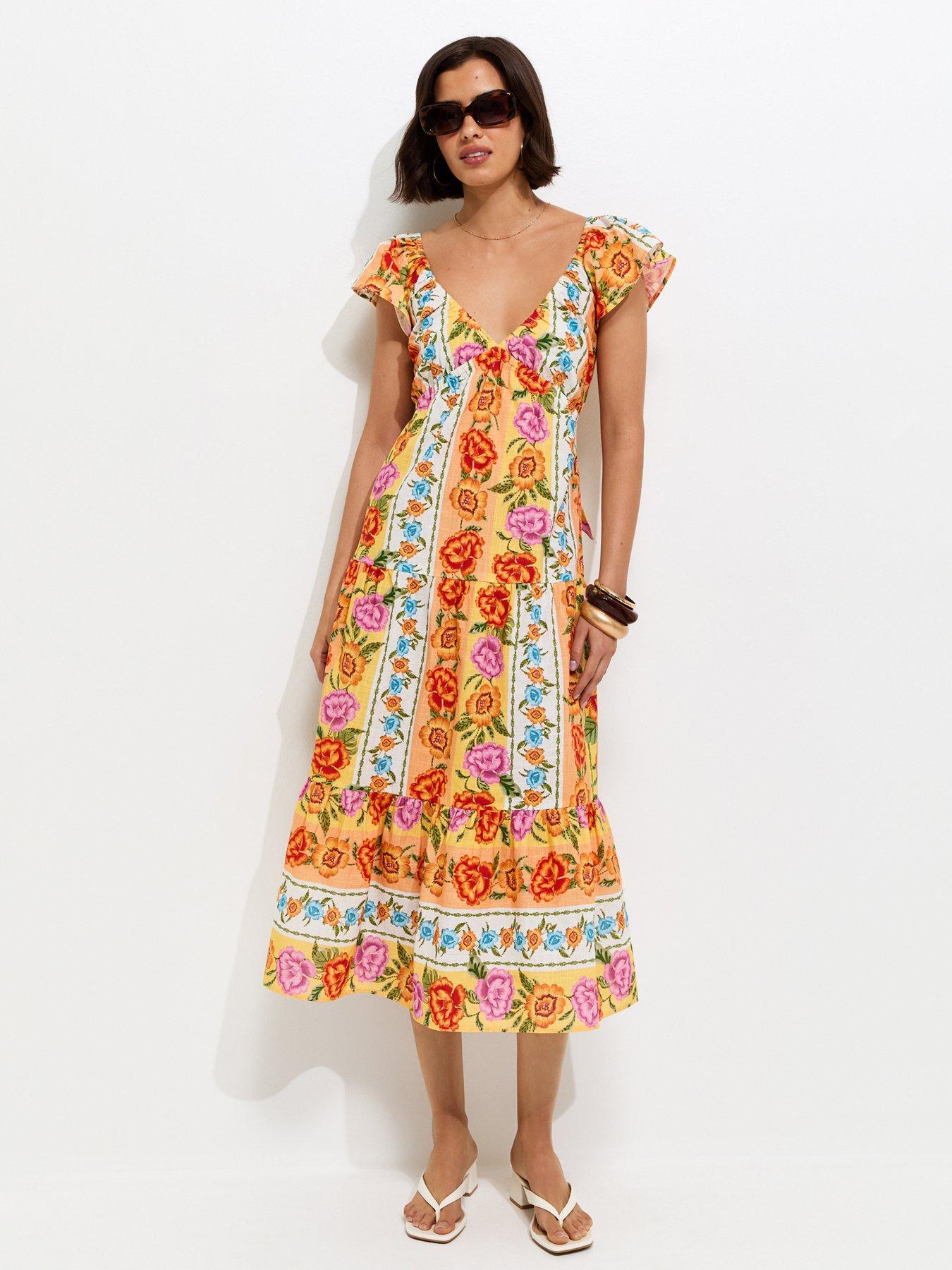 New Look Floral Flutter Sleeve Midi Dress - Yellow