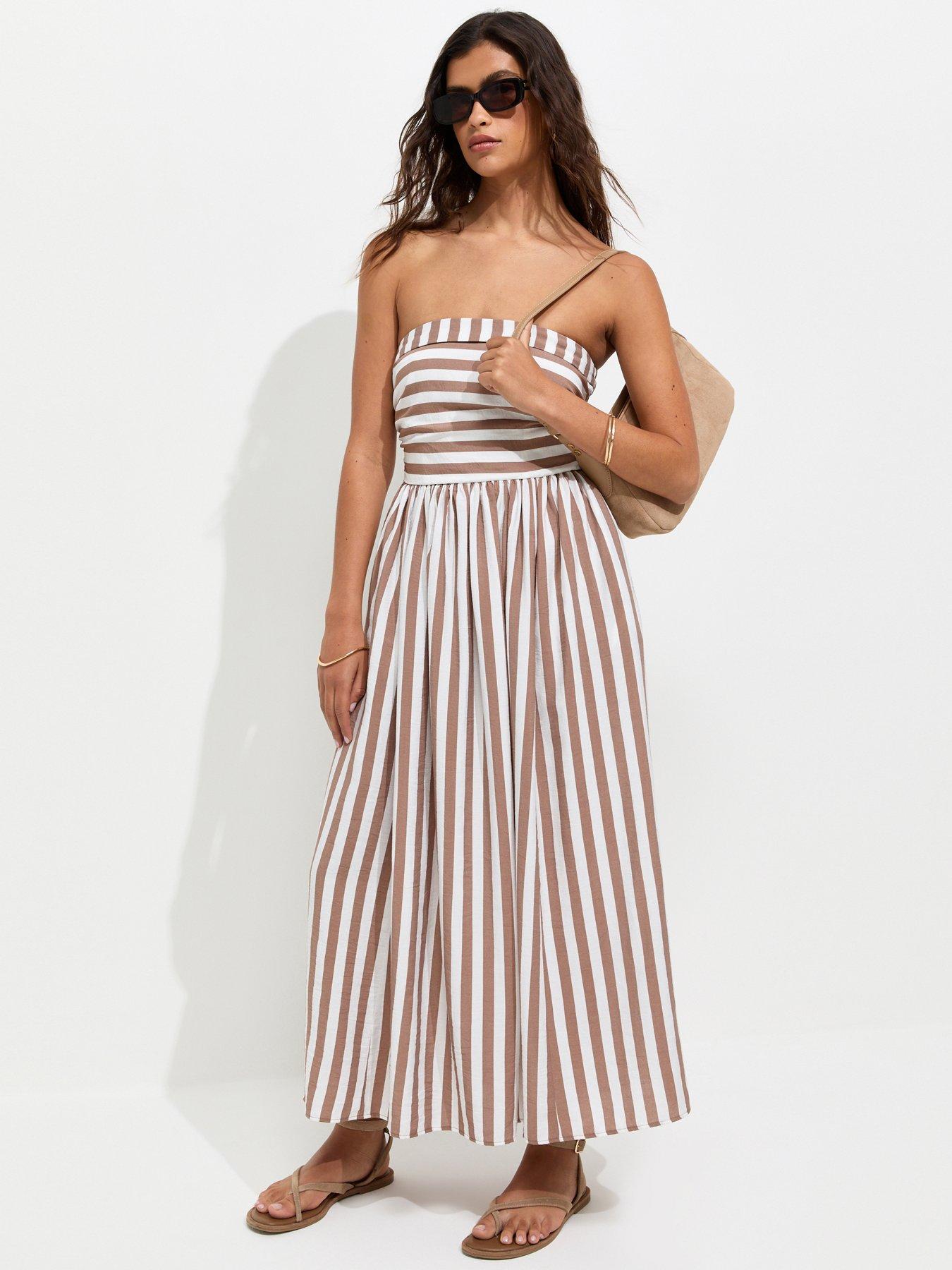 Image 1 of 4 of New Look Striped Bandeau Midi Dress - Brown
