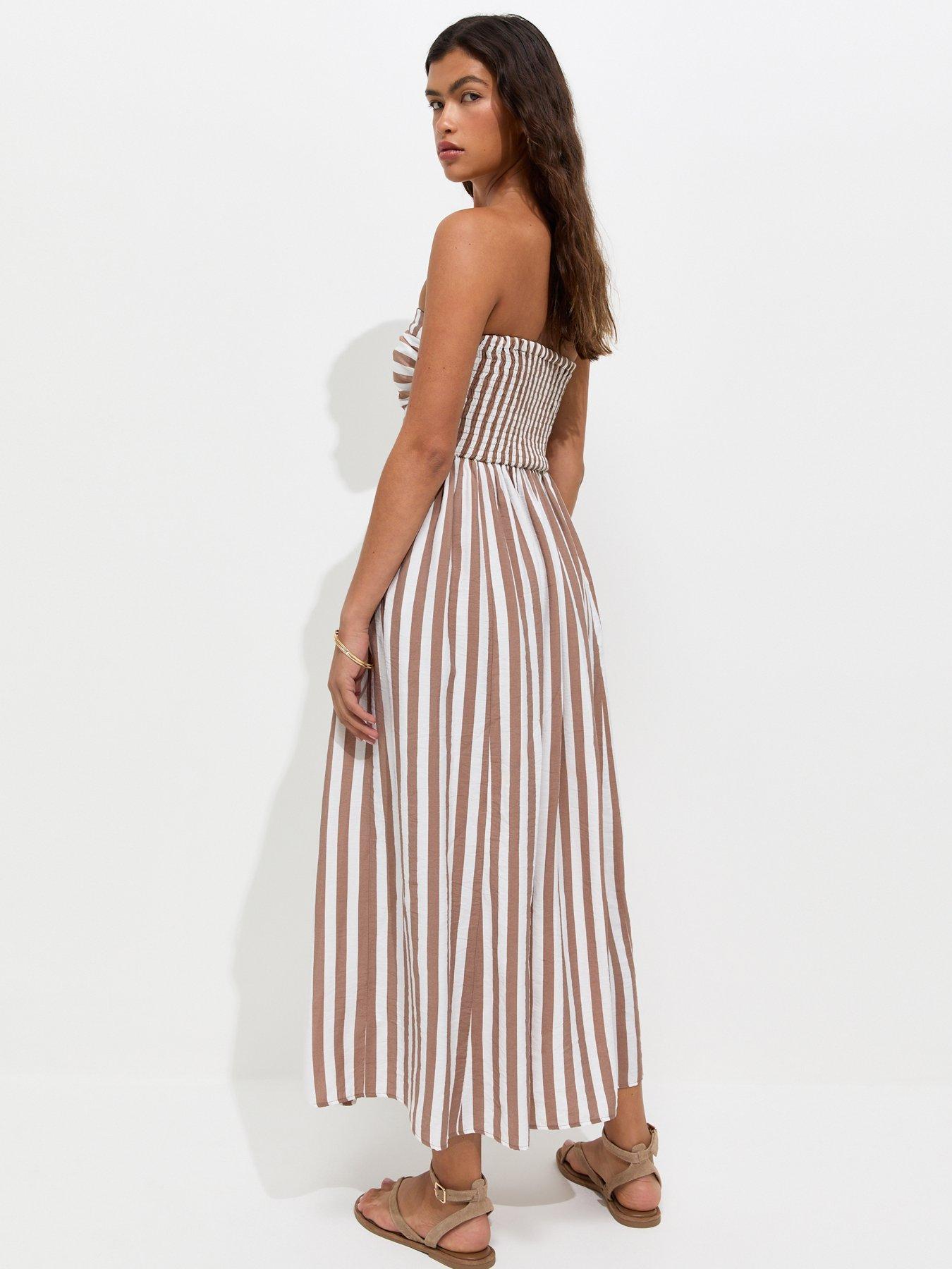 Image 2 of 4 of New Look Striped Bandeau Midi Dress - Brown