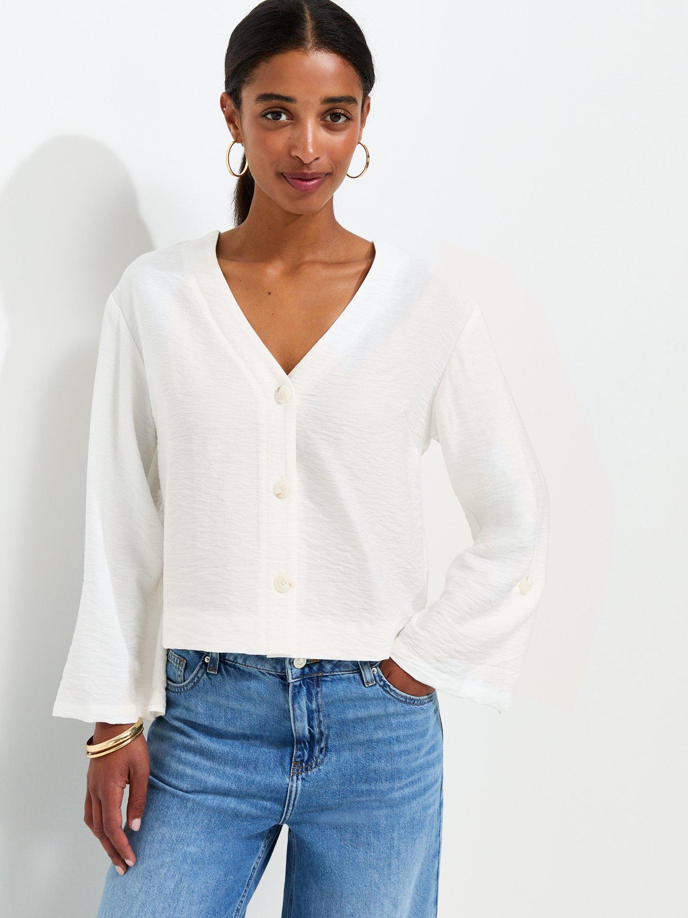 New Look Crinkle Texture V-Neck Shirt - Cream