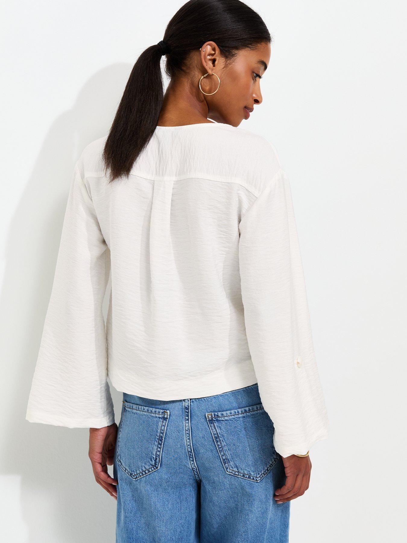 Image 2 of 4 of New Look Crinkle Texture V-Neck Shirt - Cream