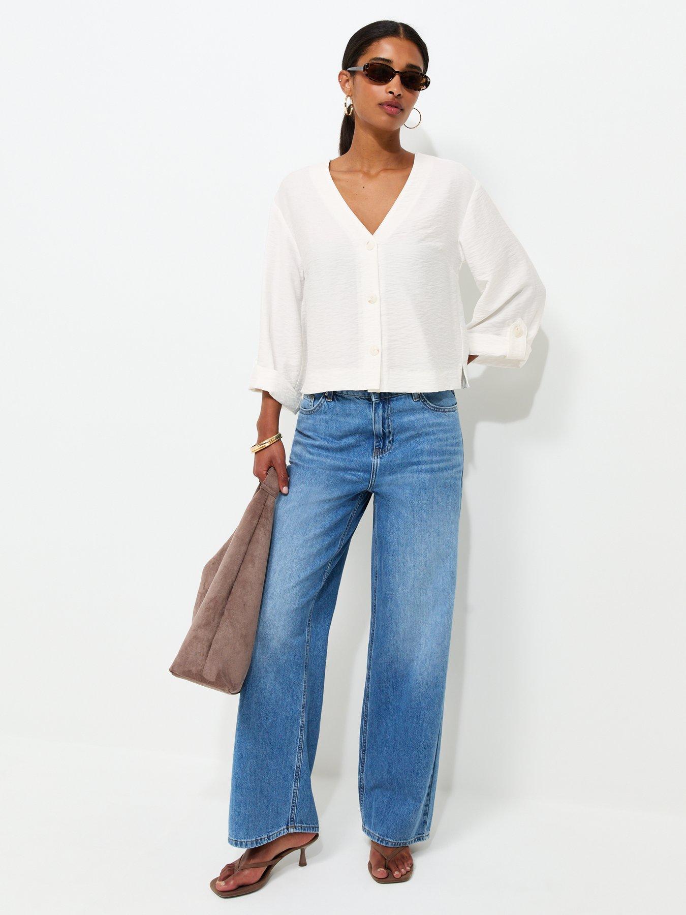 Image 3 of 4 of New Look Crinkle Texture V-Neck Shirt - Cream