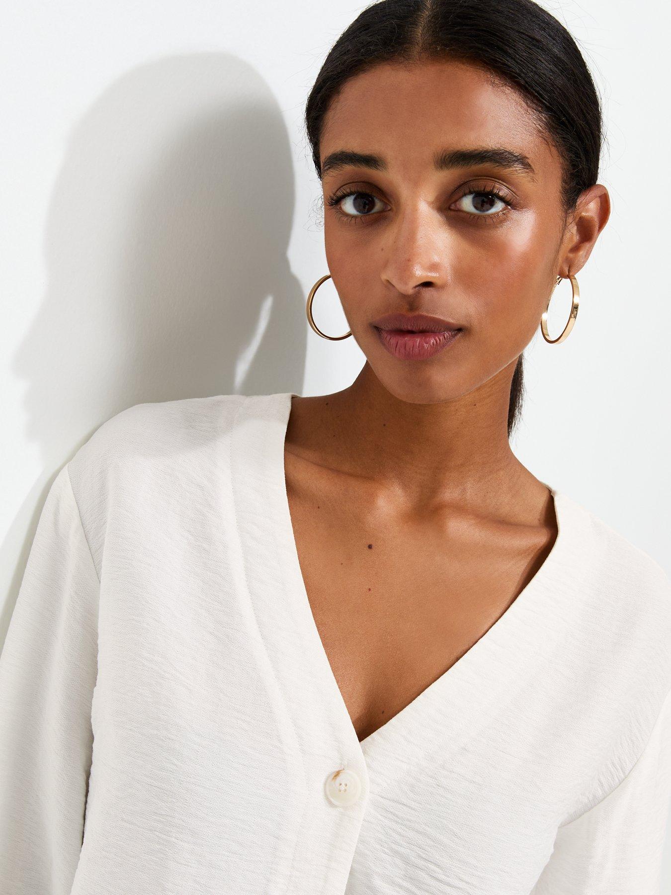 Image 4 of 4 of New Look Crinkle Texture V-Neck Shirt - Cream