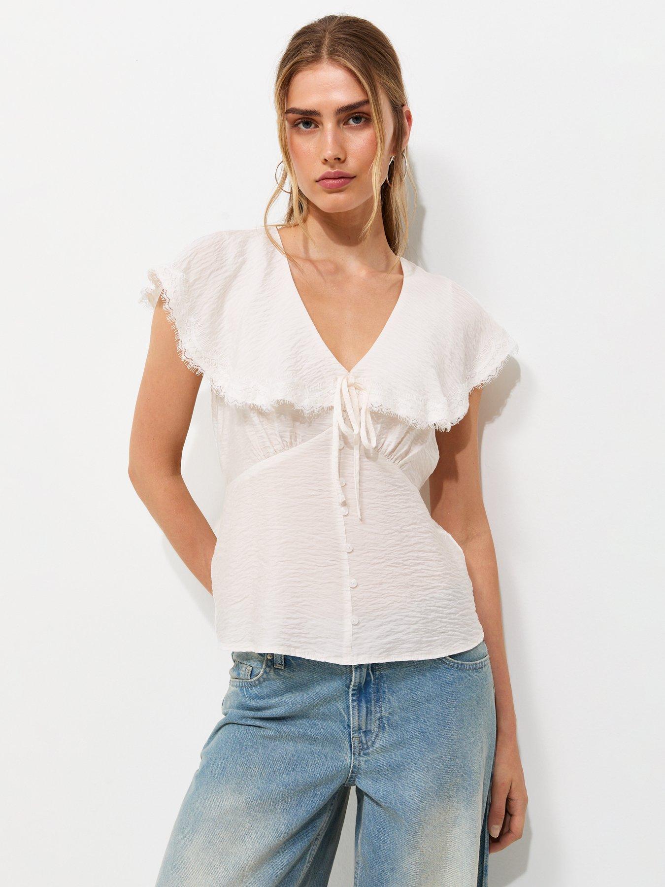 New Look Crinkled Lace Trim Ruffled Collar Blouse - Cream
