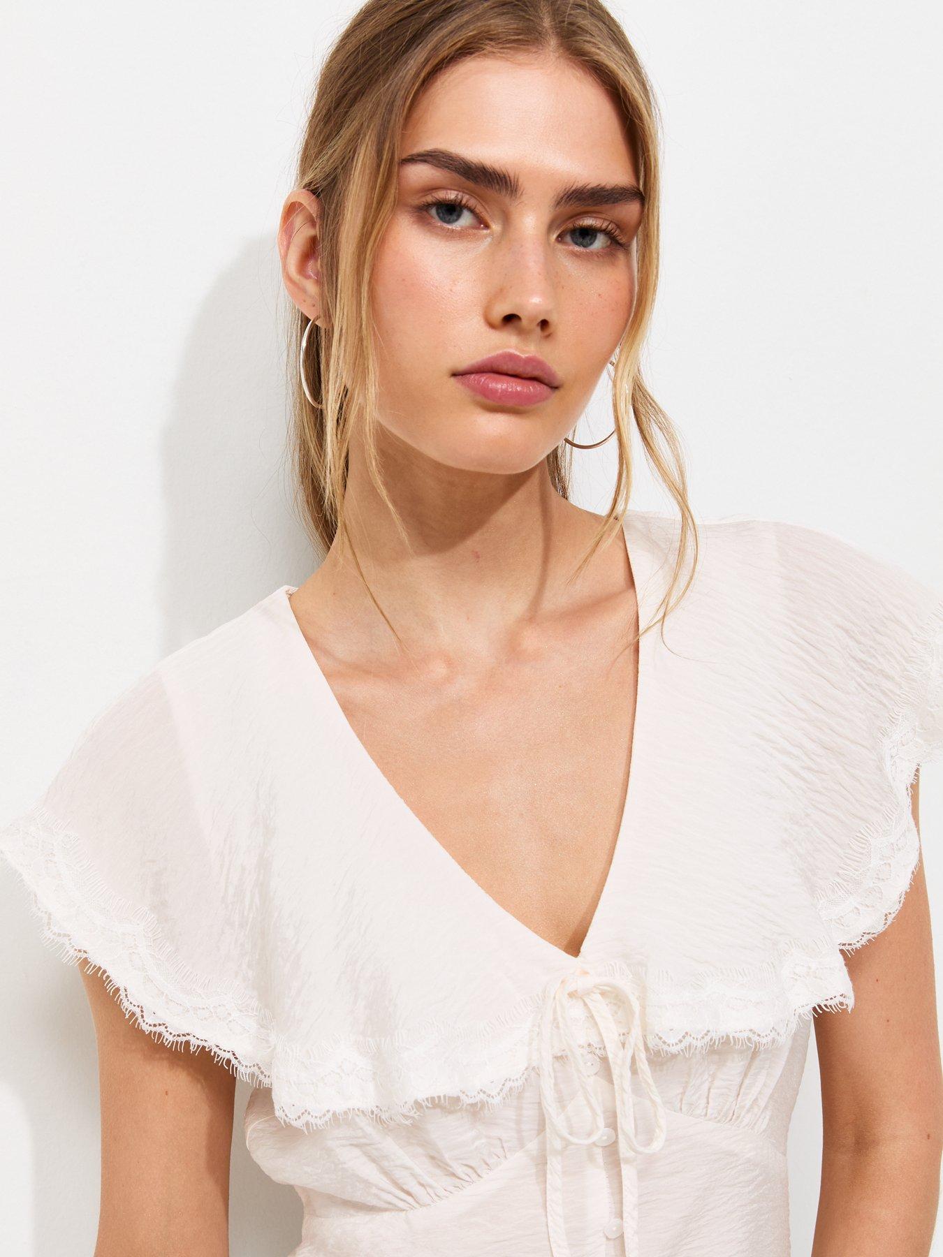 Image 4 of 6 of New Look Crinkled Lace Trim Ruffled Collar Blouse - Cream
