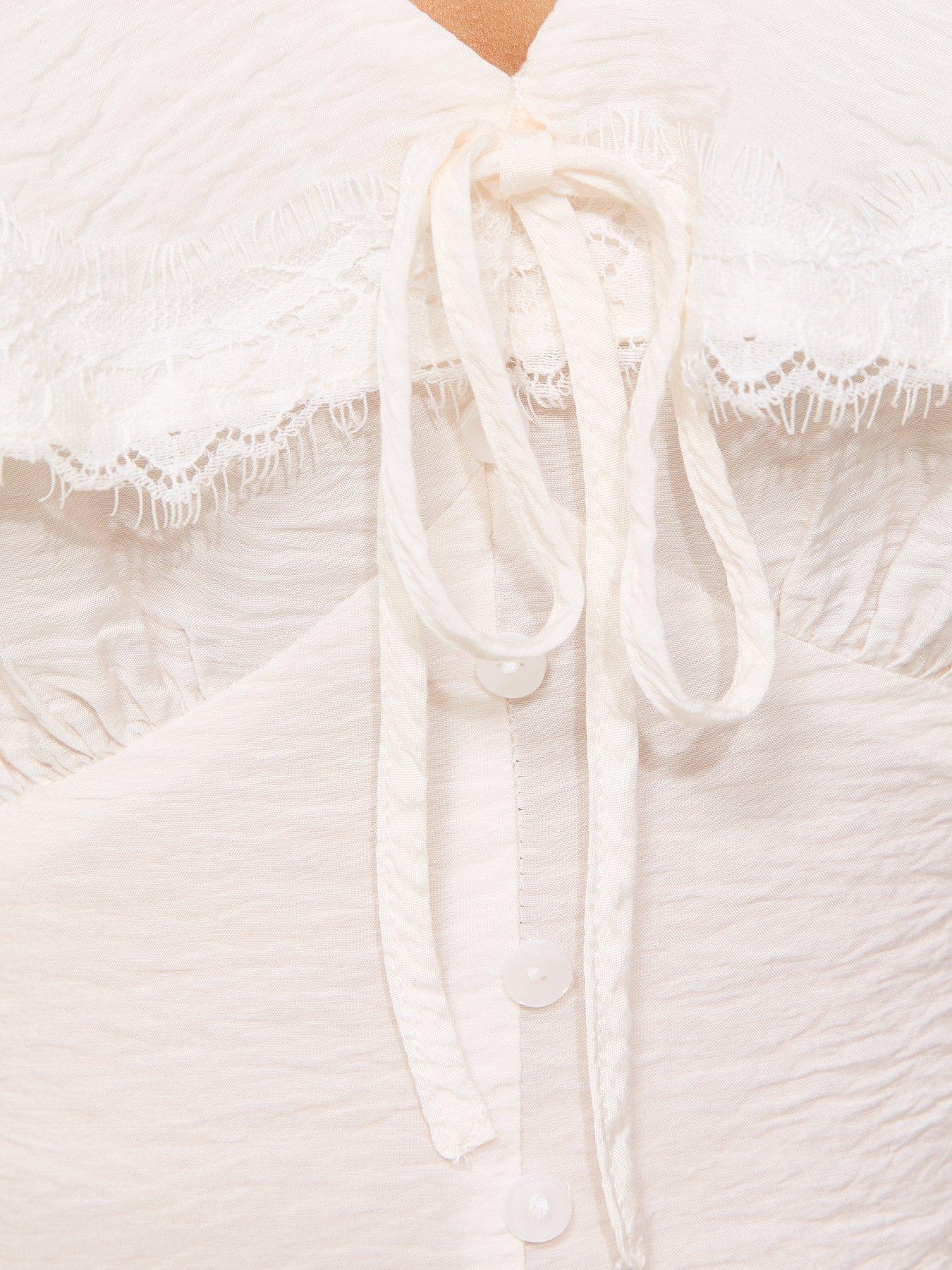 Image 5 of 6 of New Look Crinkled Lace Trim Ruffled Collar Blouse - Cream
