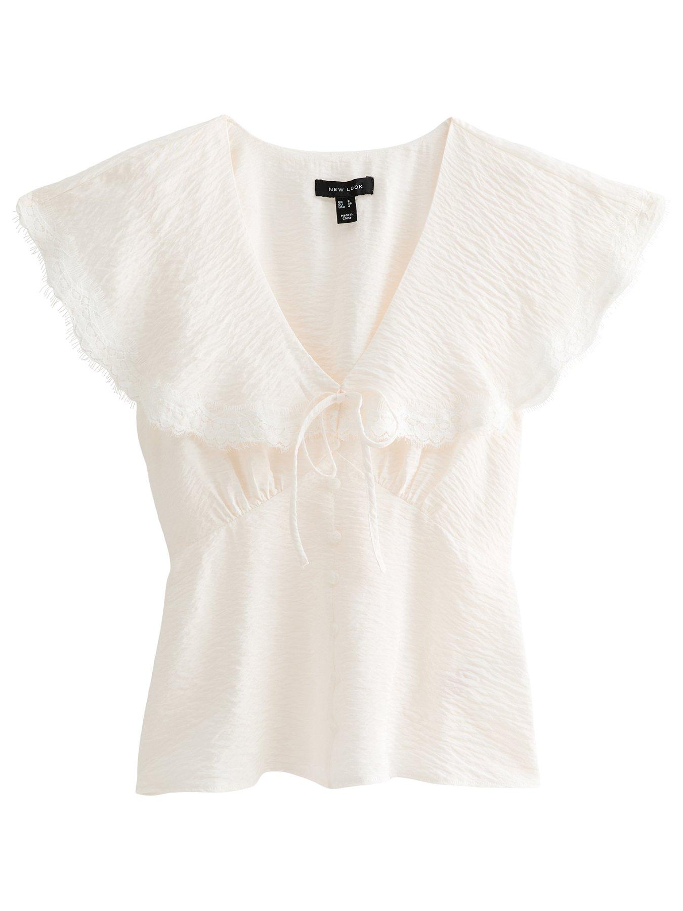 Image 6 of 6 of New Look Crinkled Lace Trim Ruffled Collar Blouse - Cream