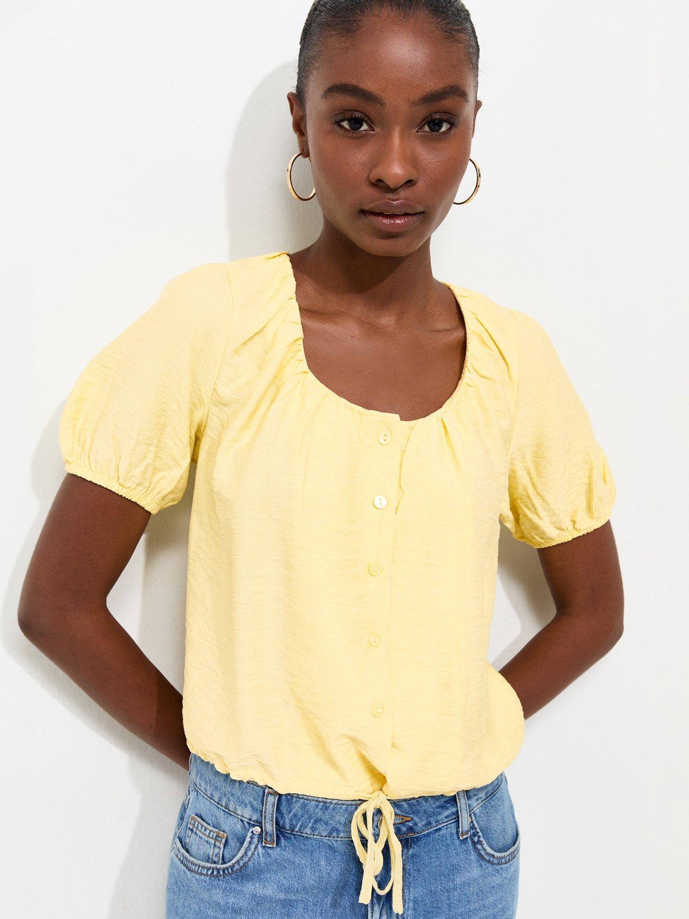 New Look Button Drawstring Bubble Hem Blouse - Yellow