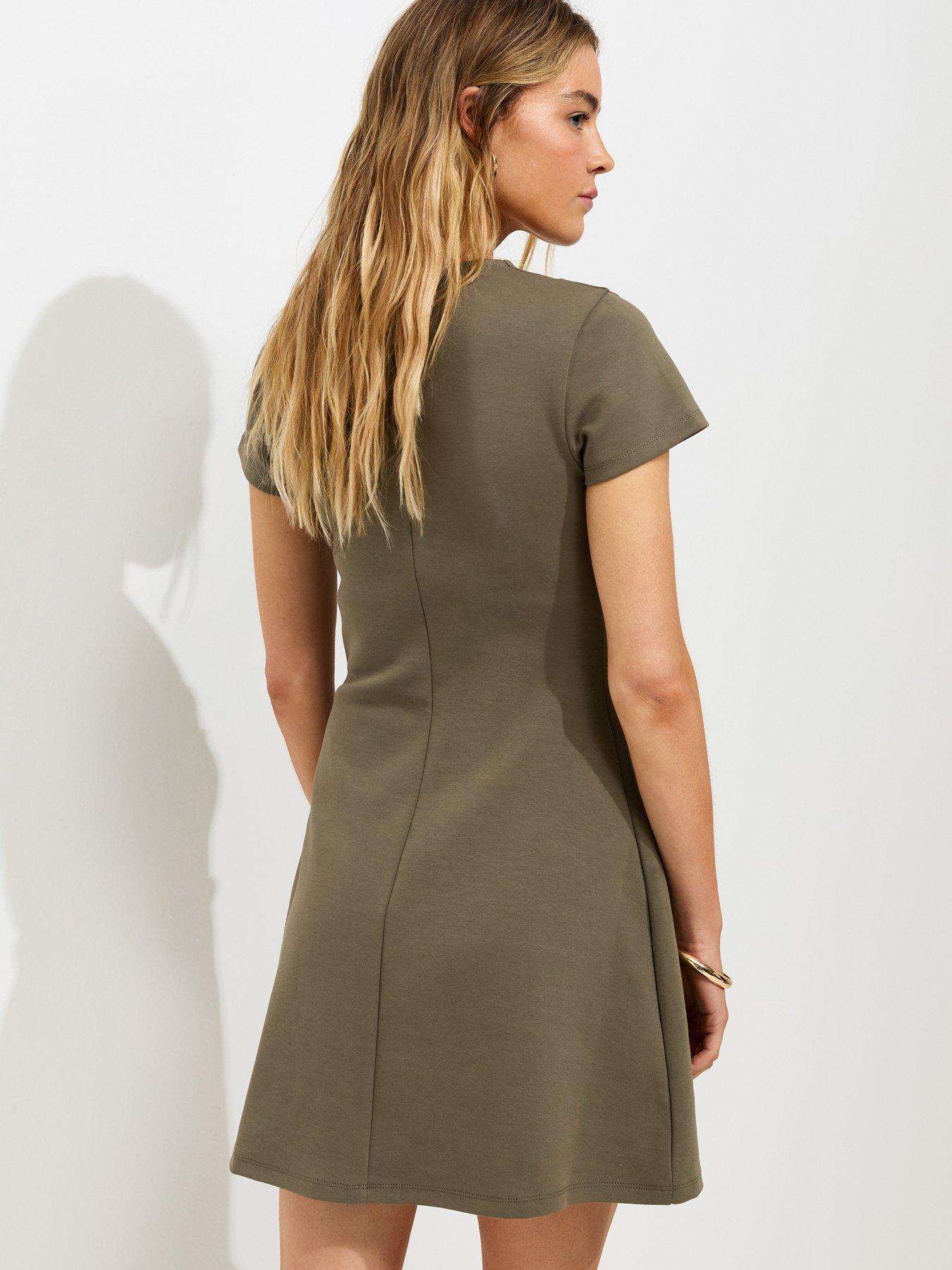 Image 2 of 7 of New Look Cotton Rich Golden Button Ponte Mini Dress - Green