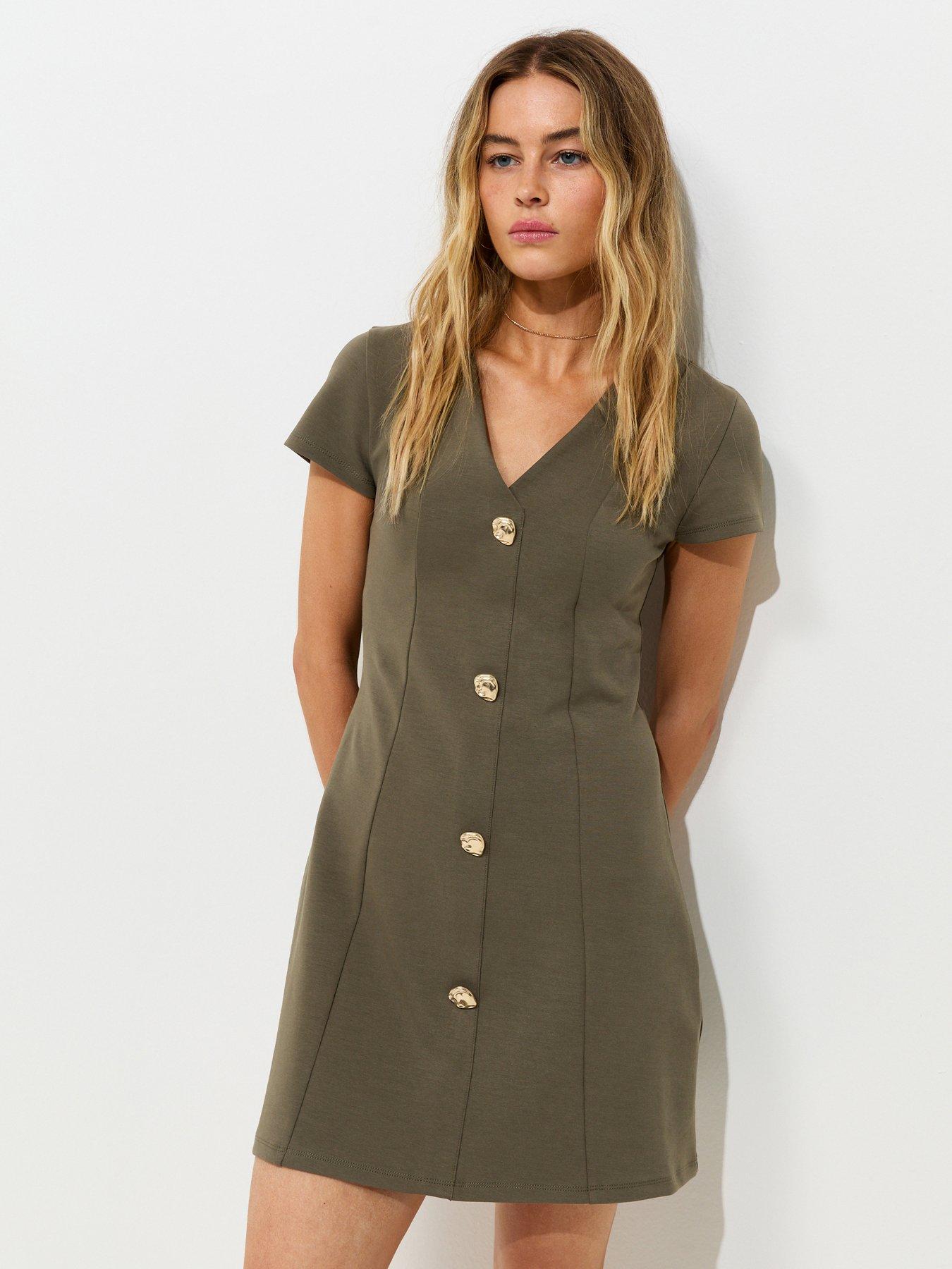 Image 5 of 7 of New Look Cotton Rich Golden Button Ponte Mini Dress - Green