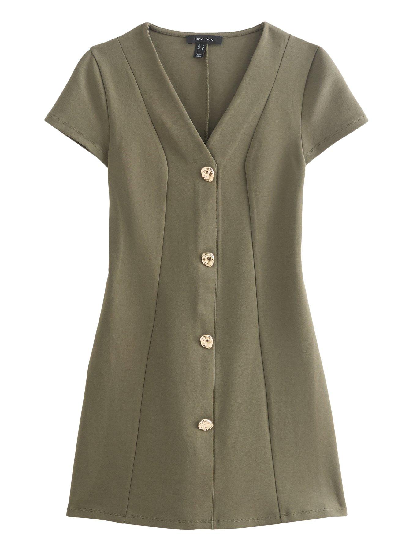 Image 7 of 7 of New Look Cotton Rich Golden Button Ponte Mini Dress - Green
