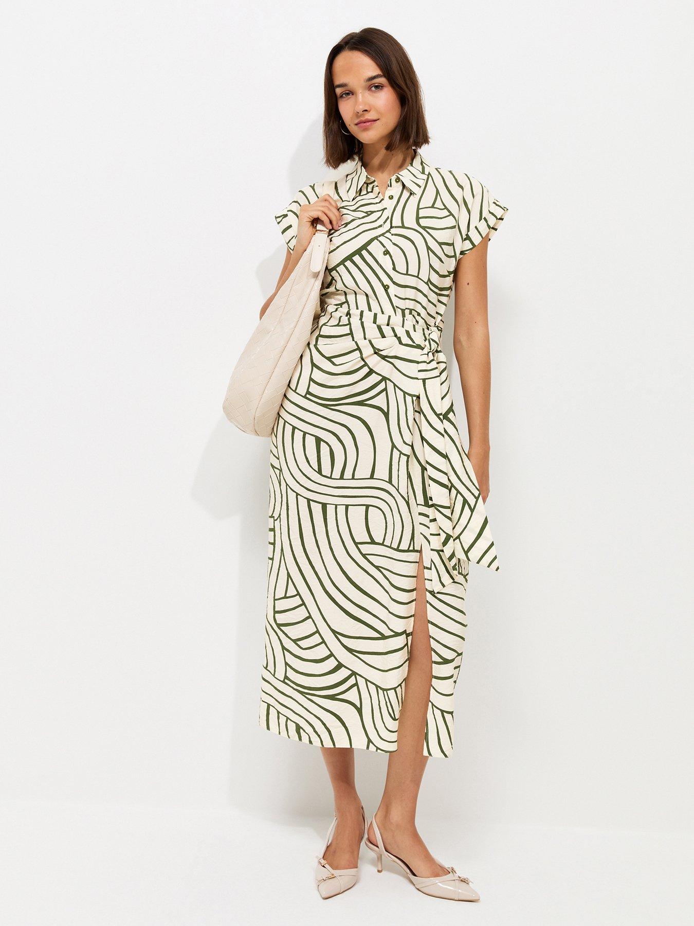 Image 1 of 6 of New Look Geometric Print Tie Waist Midi Shirt Dress - Cream