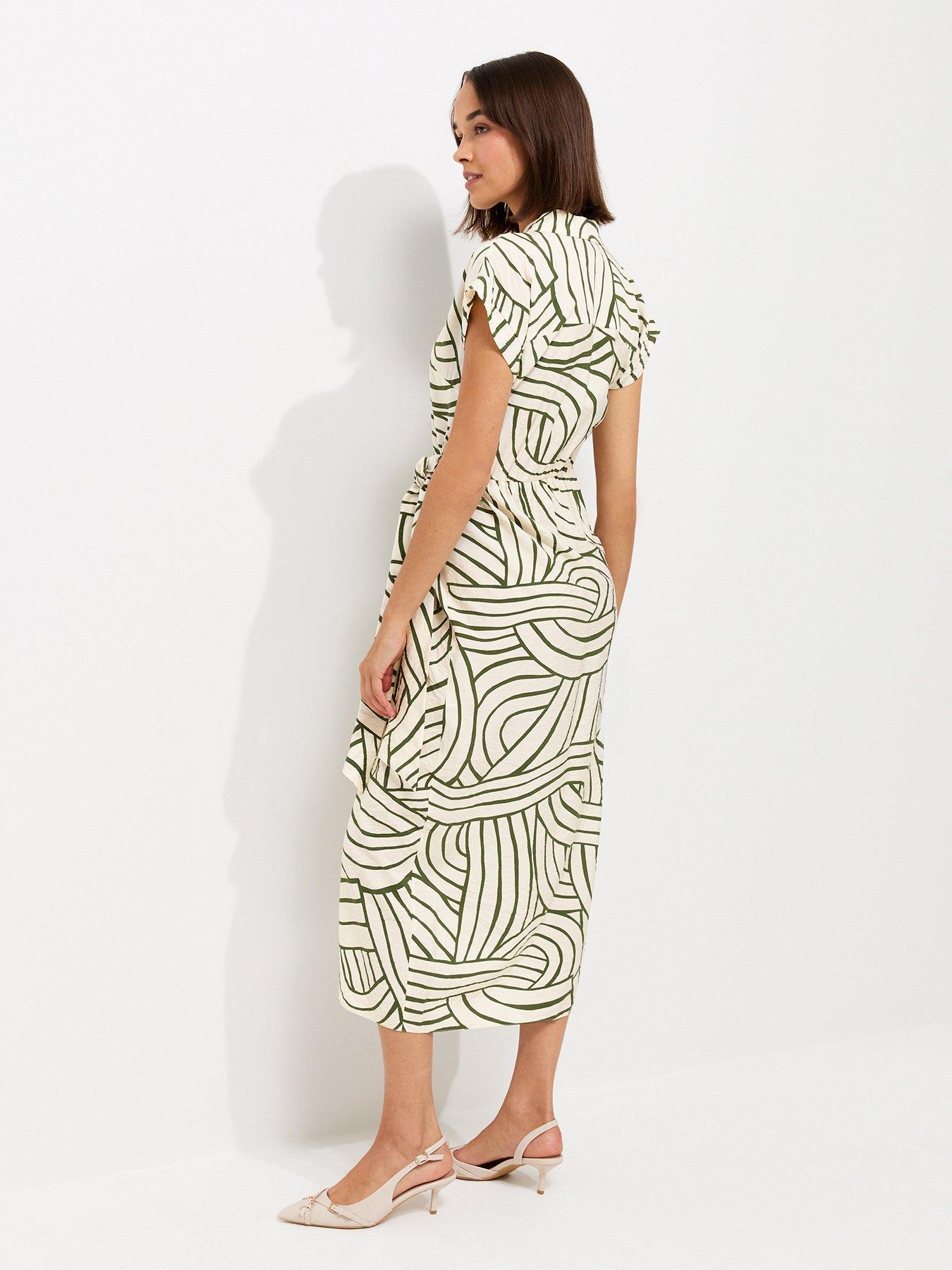 Image 2 of 6 of New Look Geometric Print Tie Waist Midi Shirt Dress - Cream