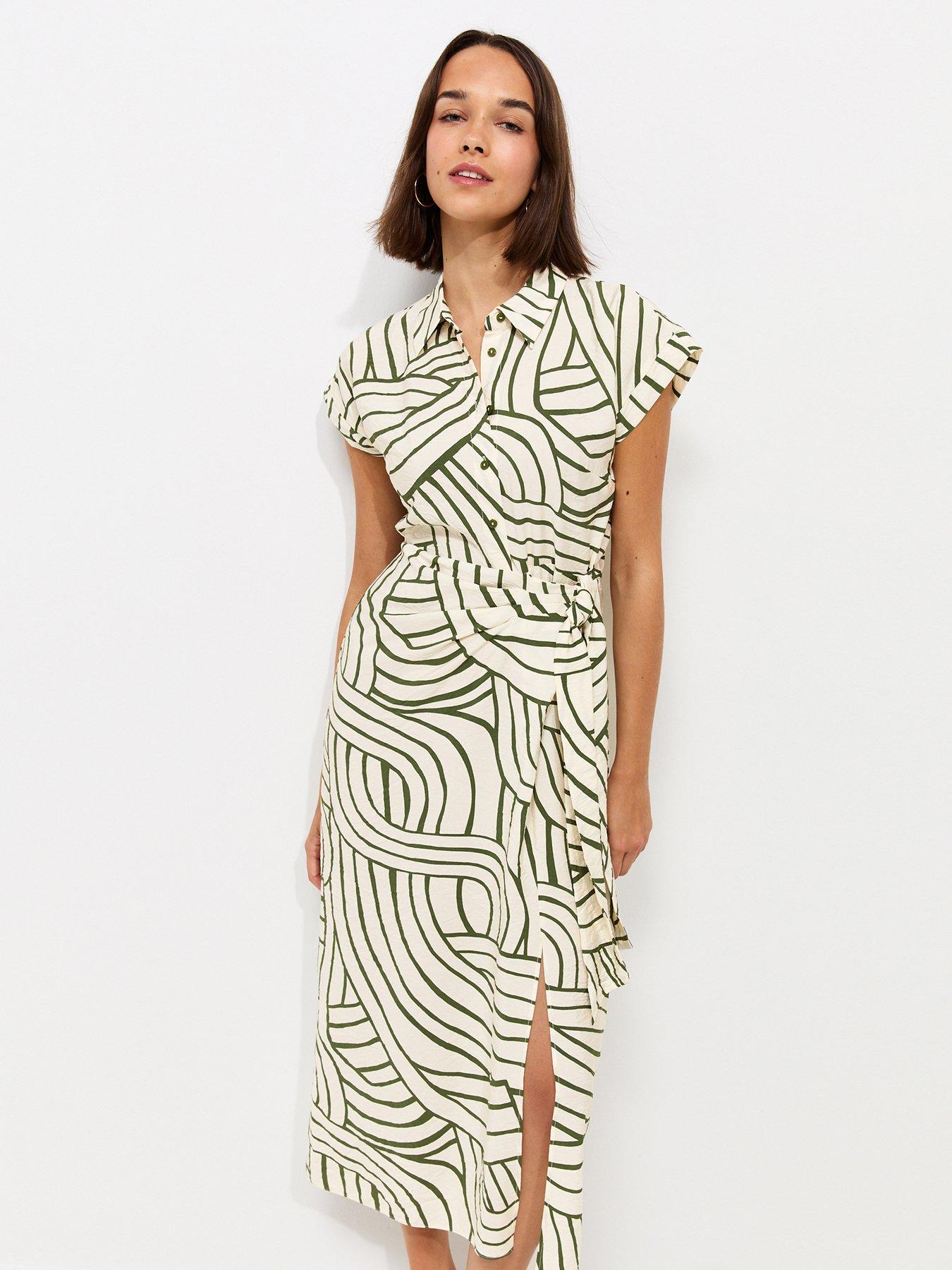 Image 3 of 6 of New Look Geometric Print Tie Waist Midi Shirt Dress - Cream