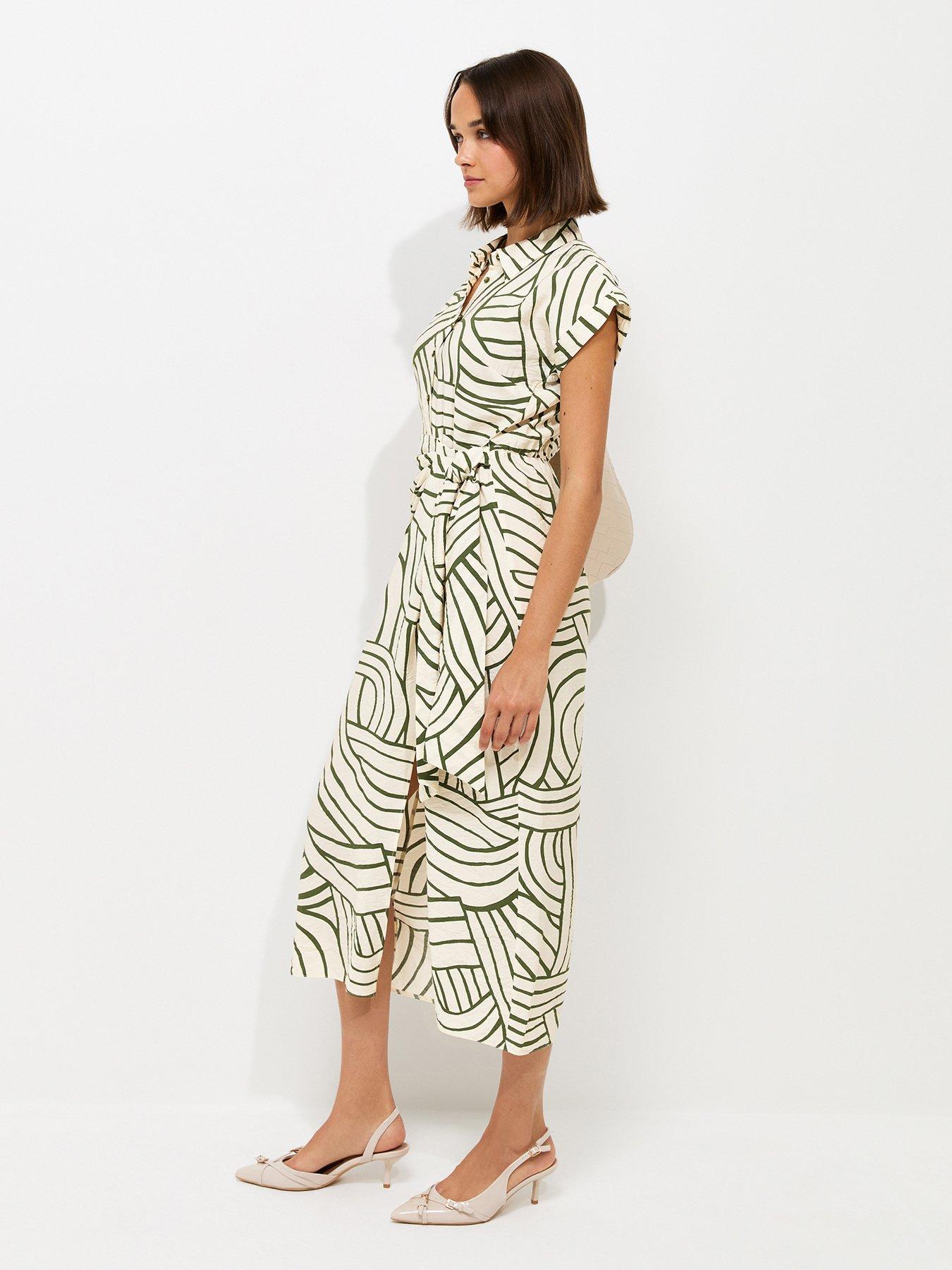 Image 4 of 6 of New Look Geometric Print Tie Waist Midi Shirt Dress - Cream