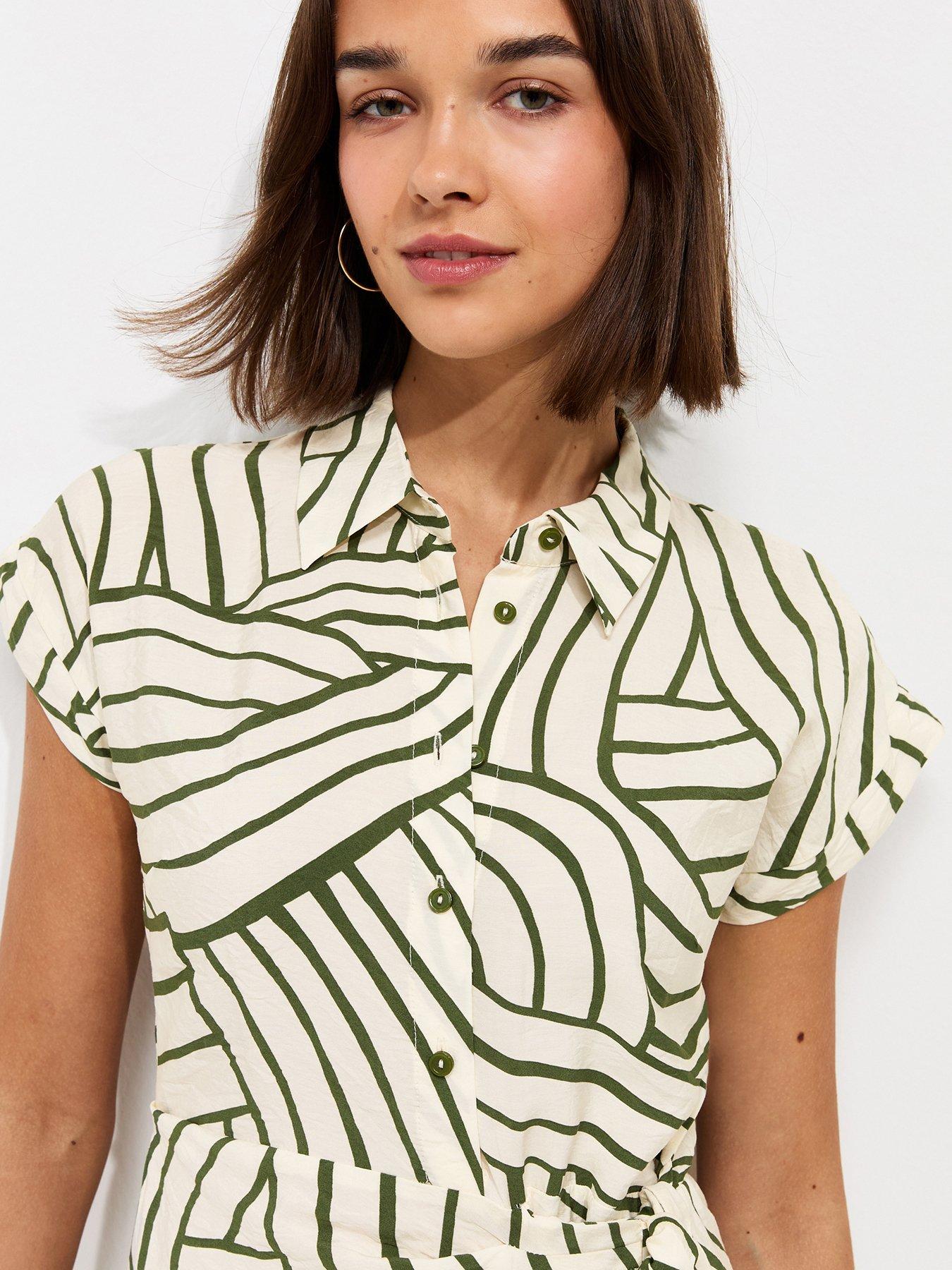 Image 5 of 6 of New Look Geometric Print Tie Waist Midi Shirt Dress - Cream
