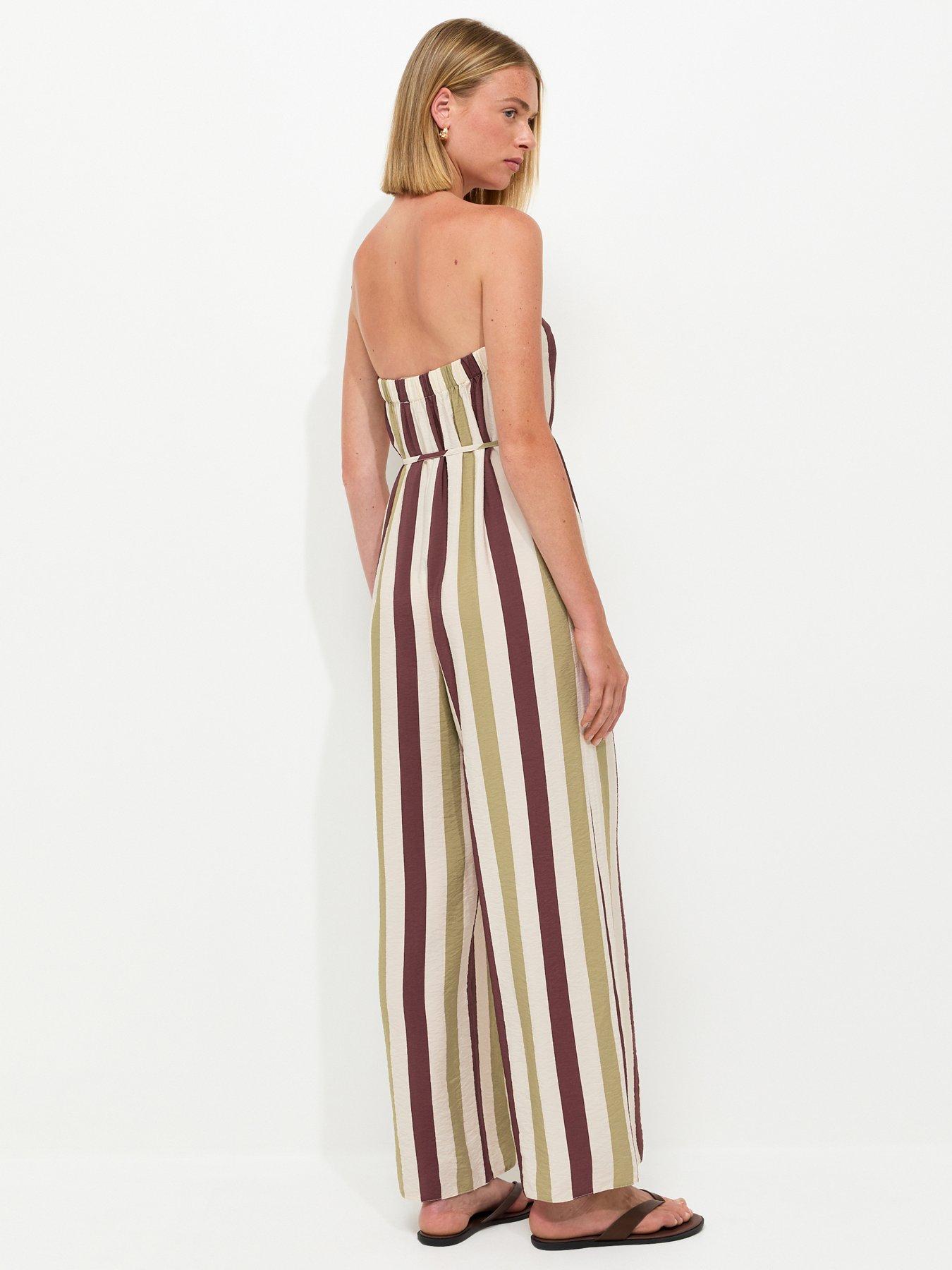 Image 2 of 6 of New Look Striped Bandeau Wide Leg Jumpsuit - Cream