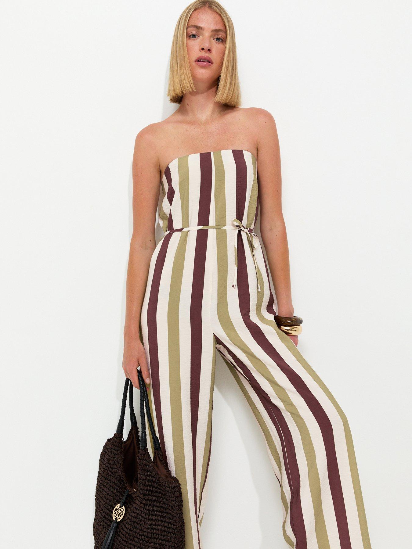 Image 3 of 6 of New Look Striped Bandeau Wide Leg Jumpsuit - Cream