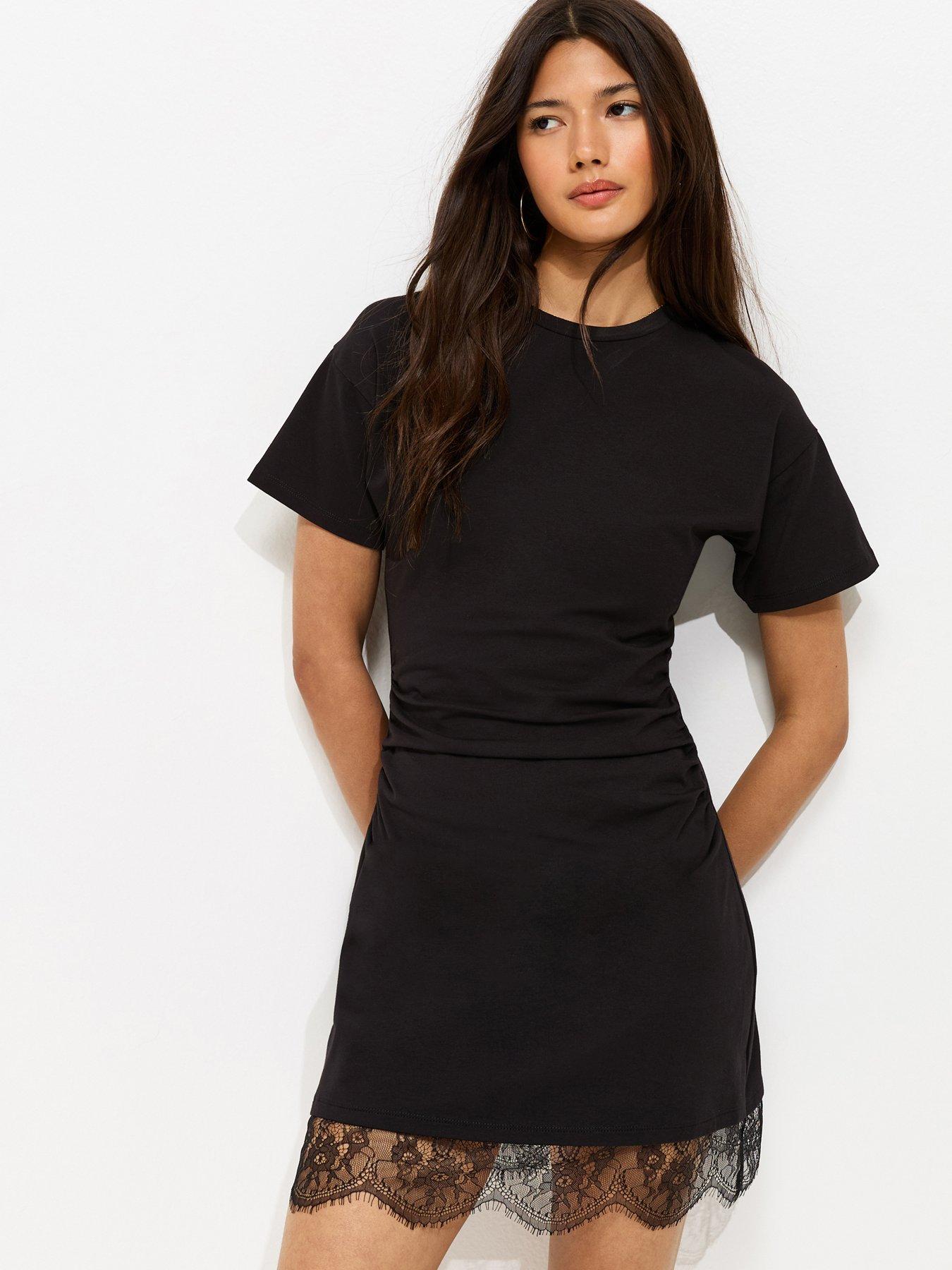 New Look Cotton Rich Ruched Lace Hem T-Shirt Dress - Black