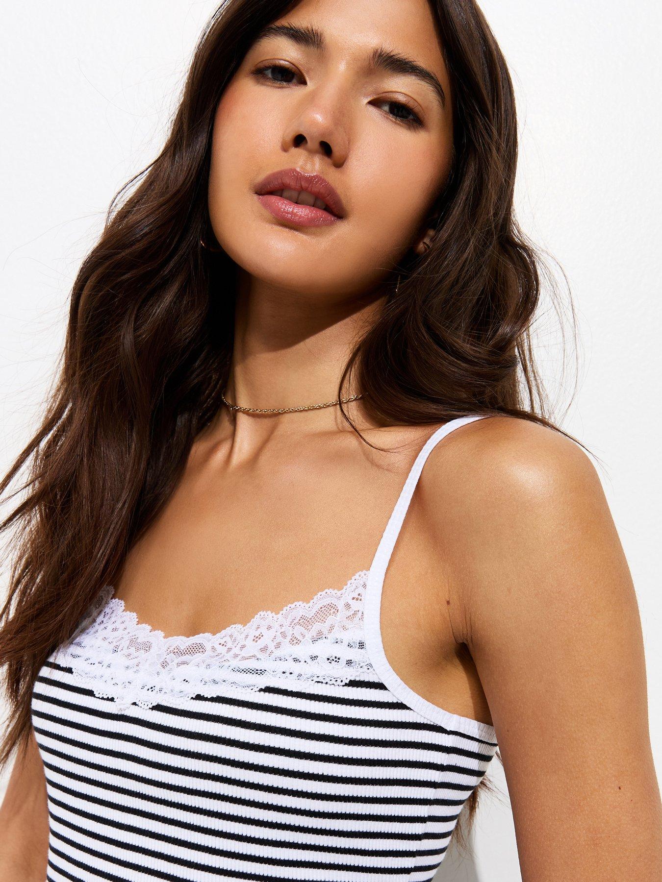 Image 4 of 5 of New Look Cotton Rich Ribbed Striped Lace Trim Cami Top - White