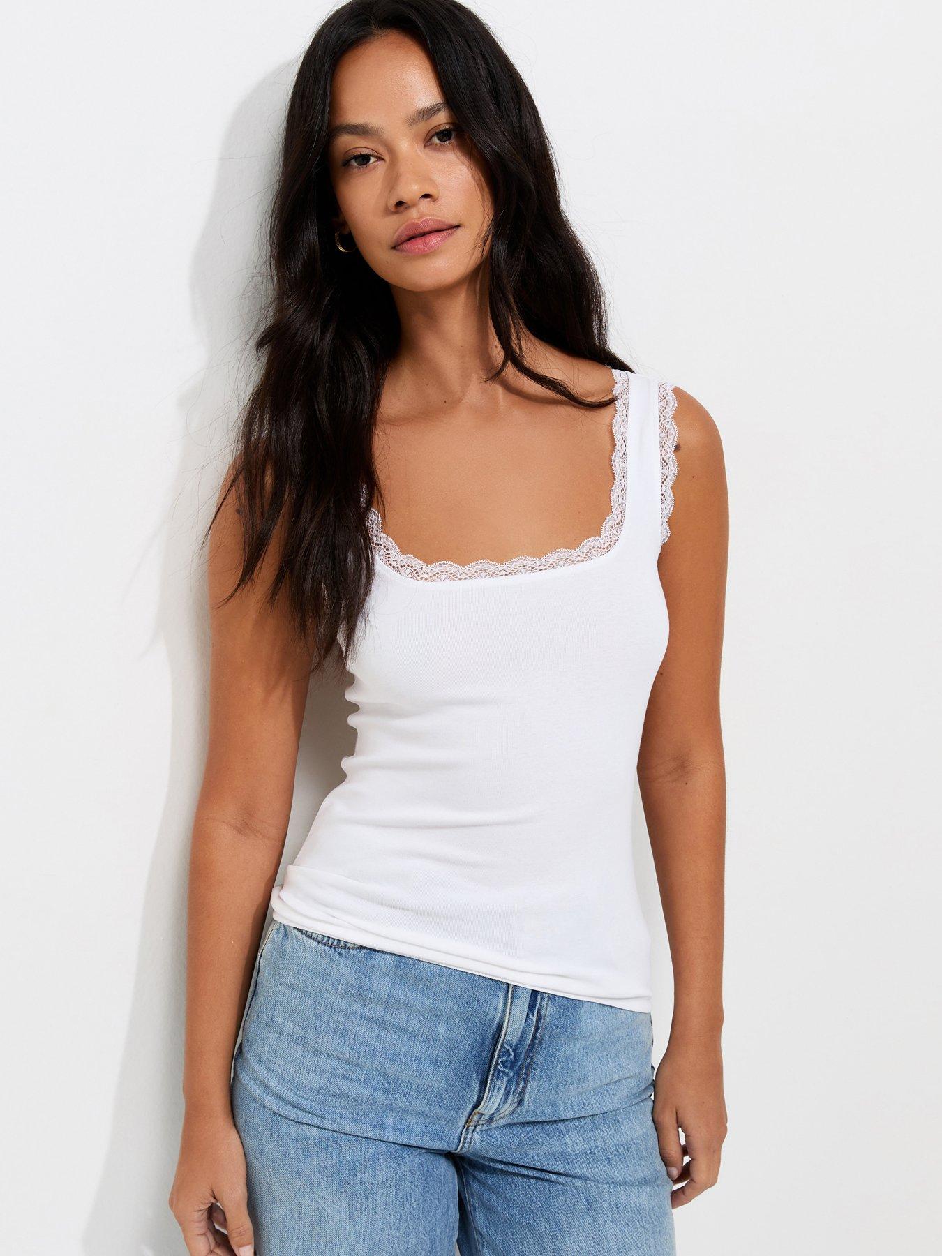 New Look Cotton Rich Lace Trim Square Neck Vest - White