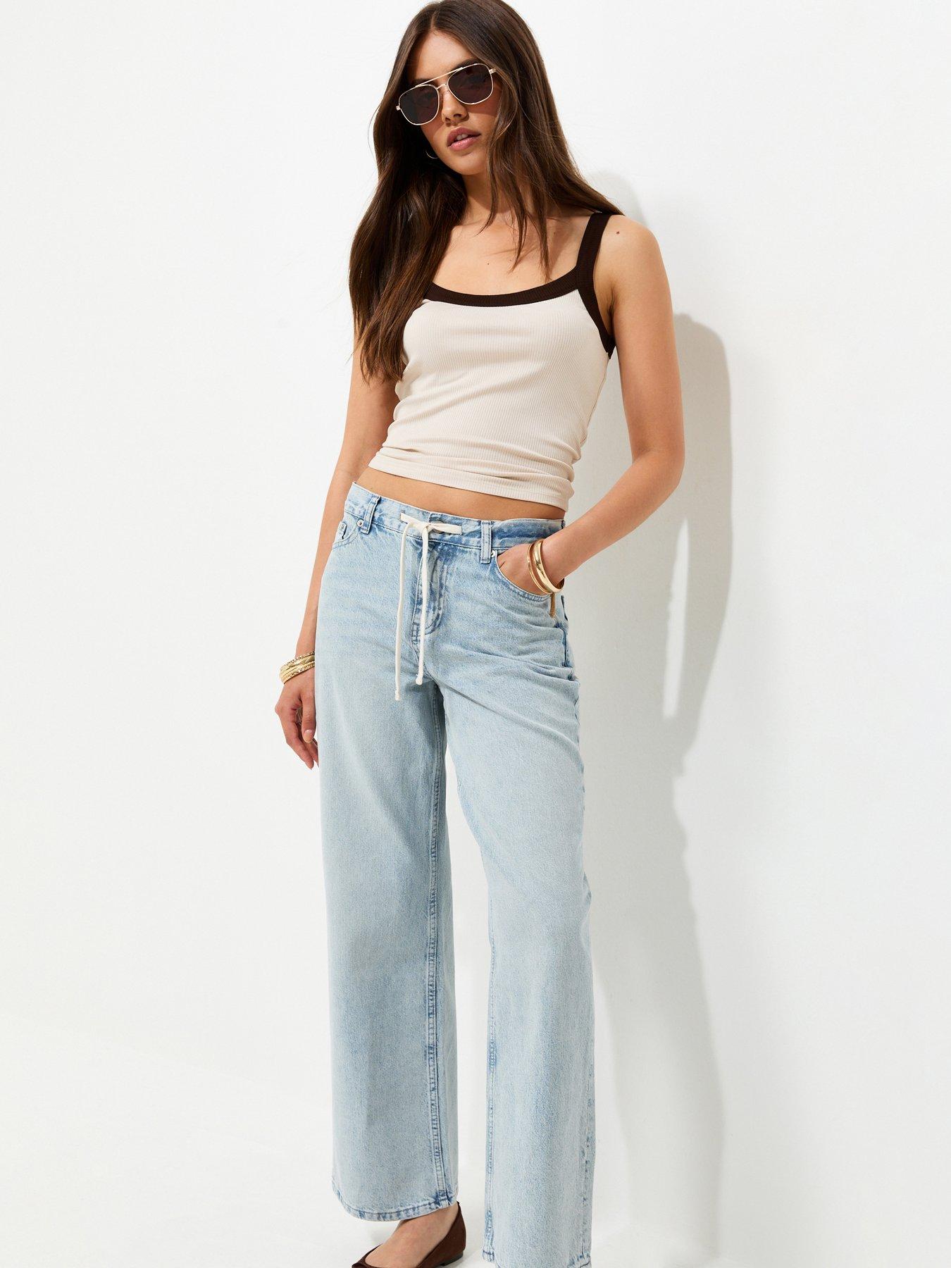 Image 1 of 4 of New Look Drawcord Waist Wide Leg Denim Jeans - Blue