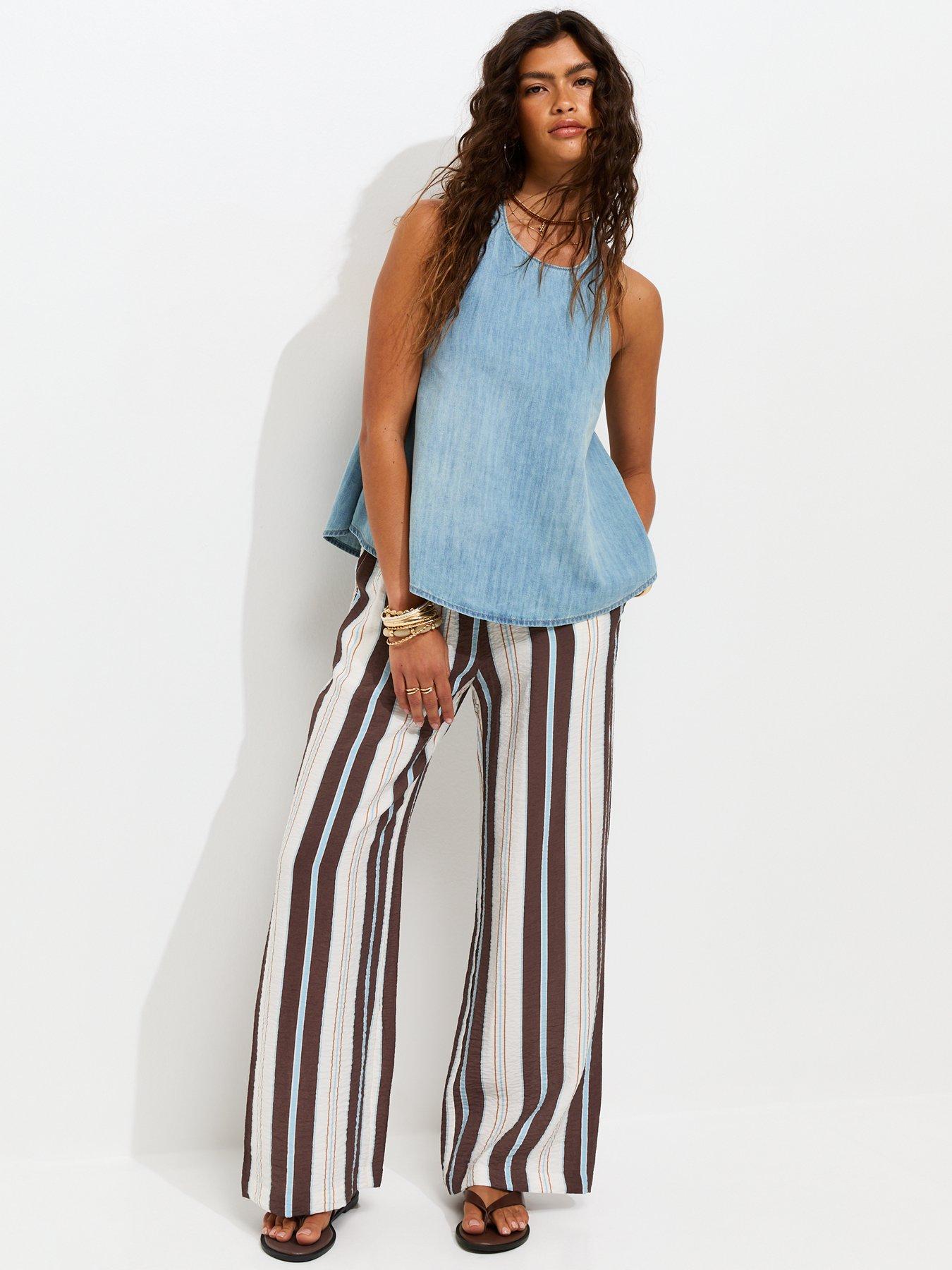 New Look Crinkle Texture Striped Wide Leg Trousers - Blue