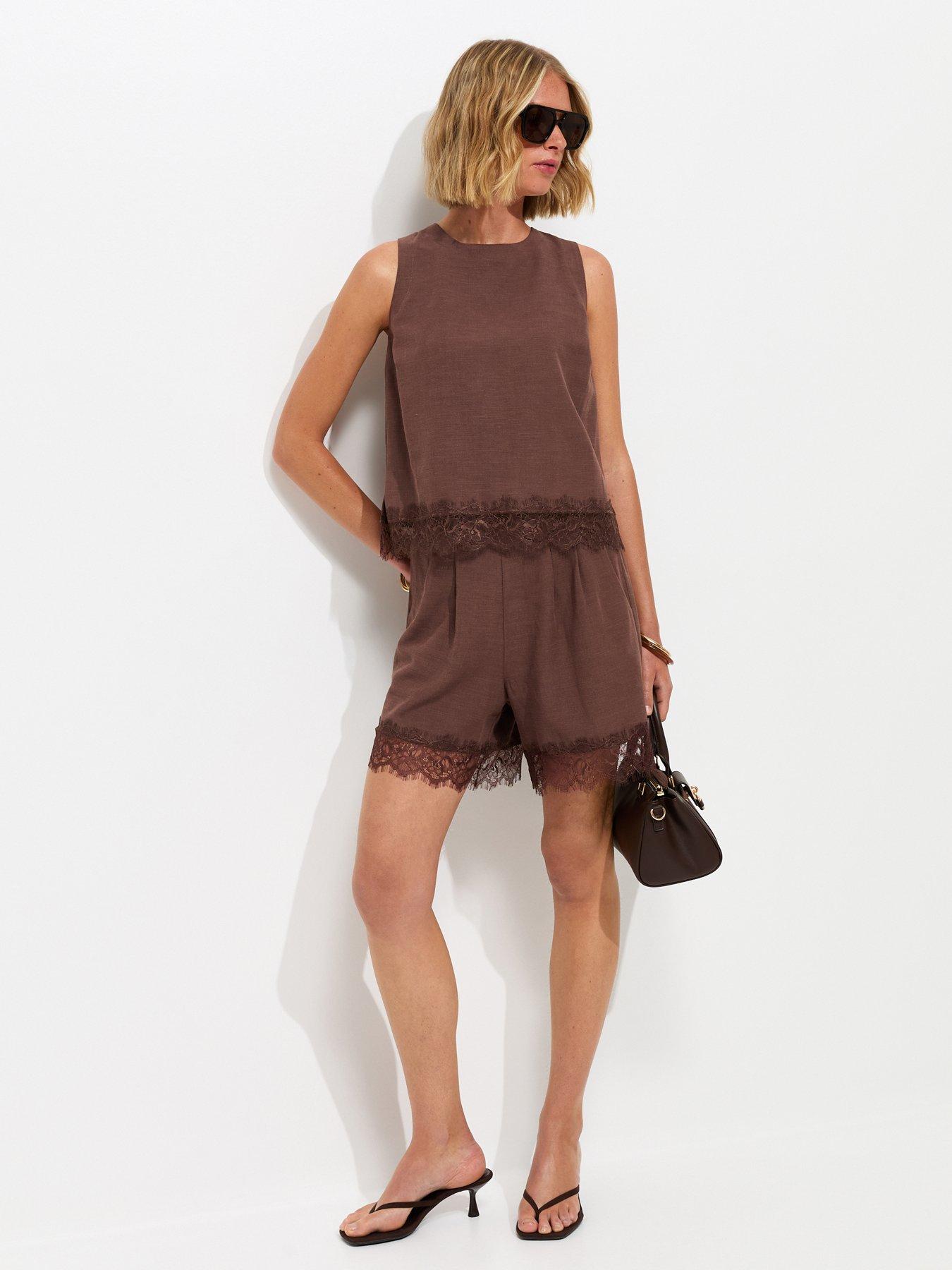 Image 3 of 5 of New Look Cotton Lace Hem Shorts - Brown