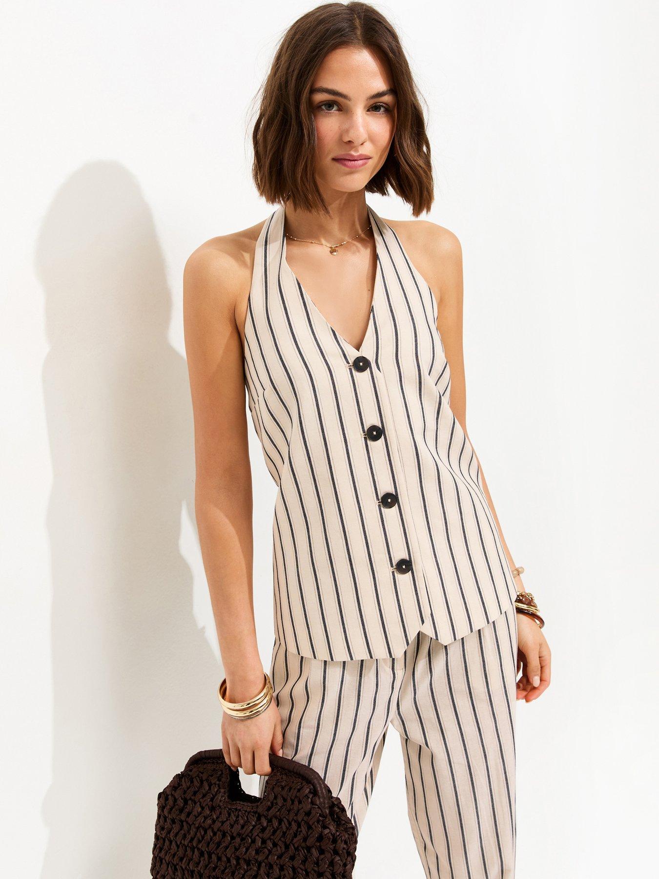 New Look Cotton Stripe Halterneck Waistcoat - Cream