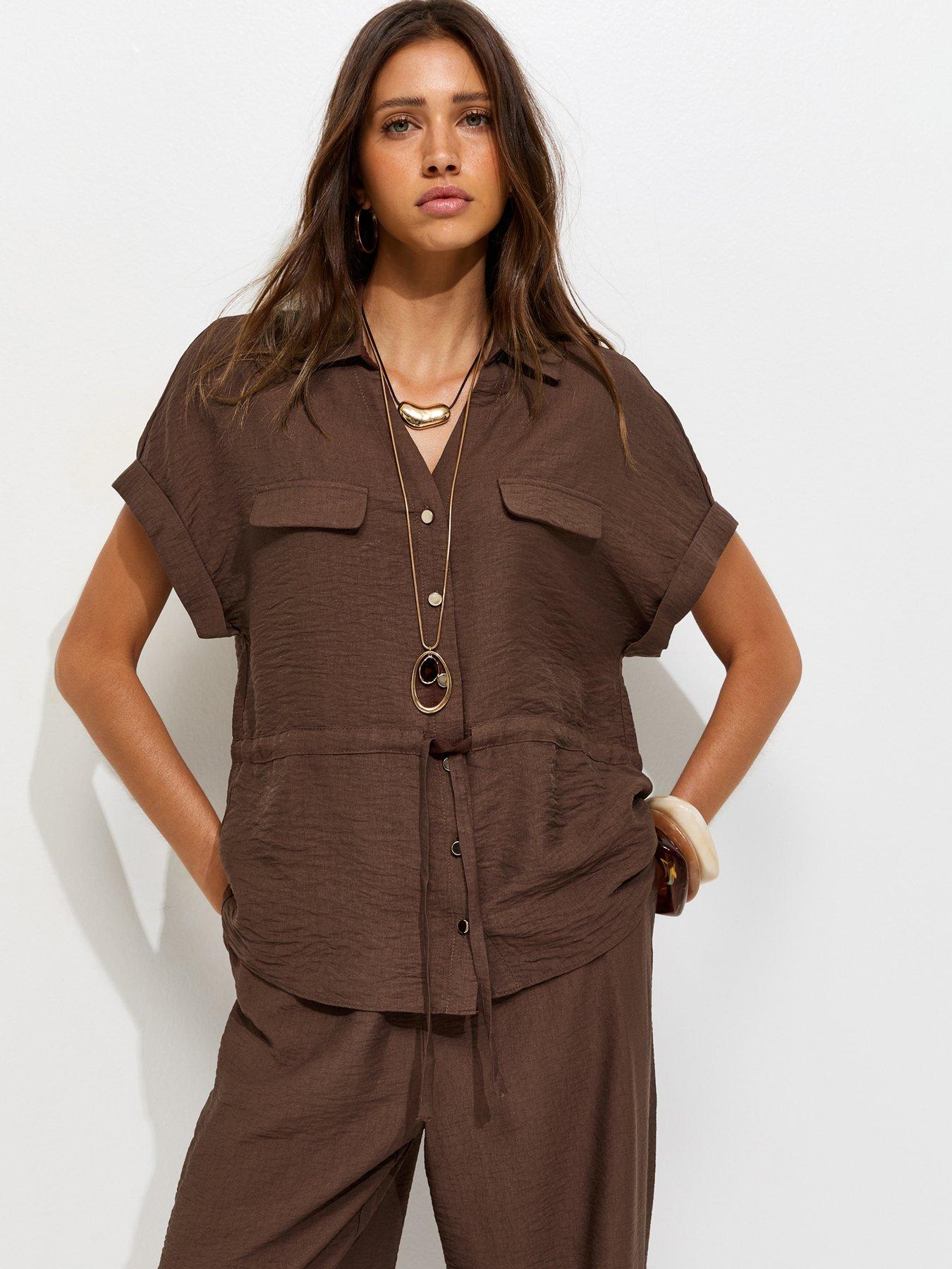 New Look Utility Tie Front Shirt - Brown