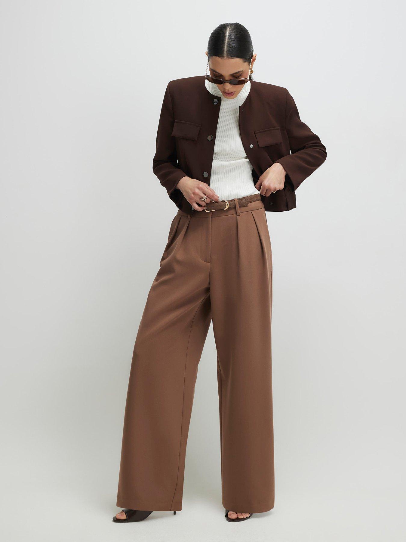 Image 1 of 4 of River Island Belted Wide Leg Trousers - Beige