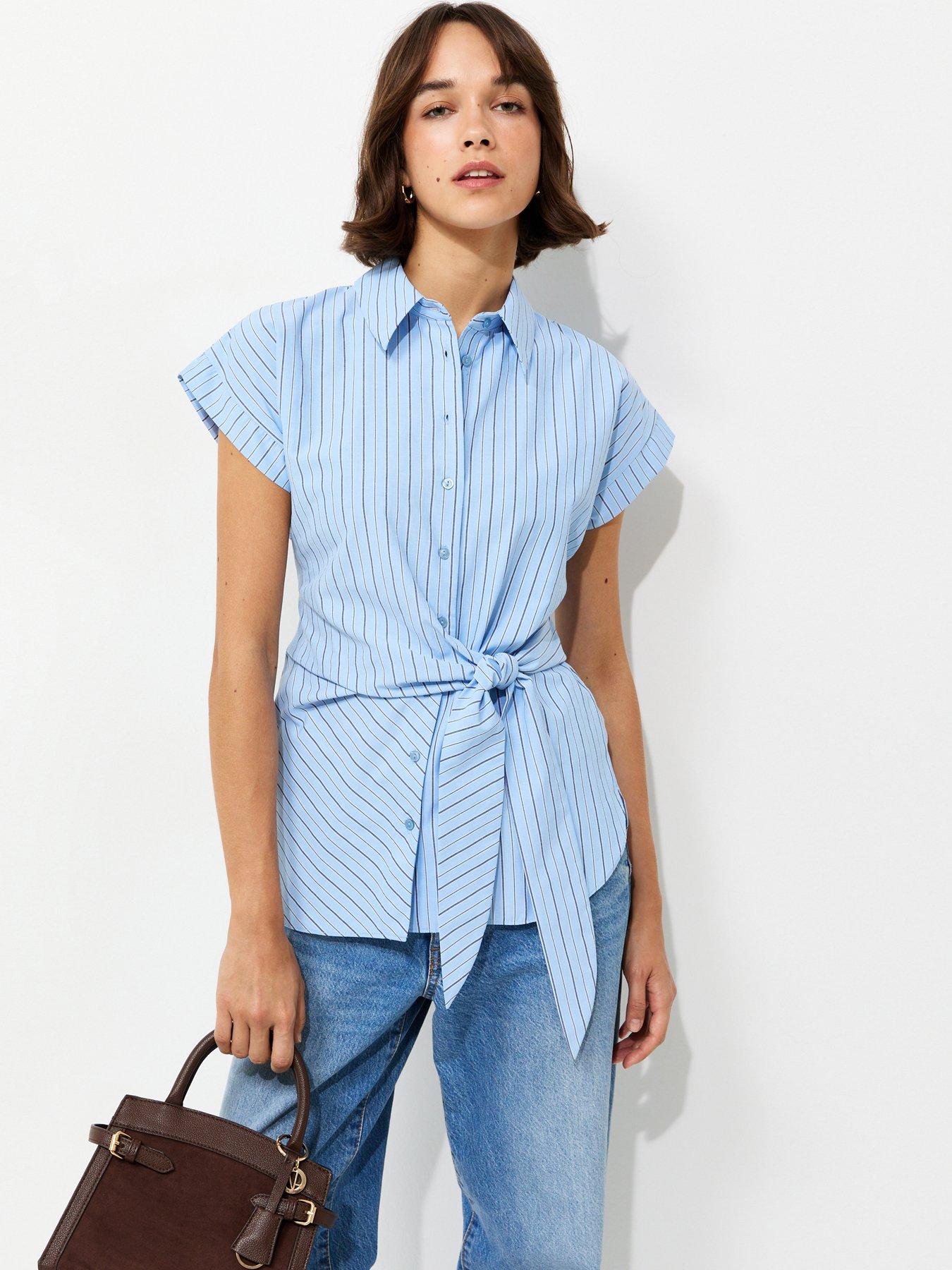 Image 1 of 5 of New Look Striped Tie Front Short Sleeve Shirt - Blue