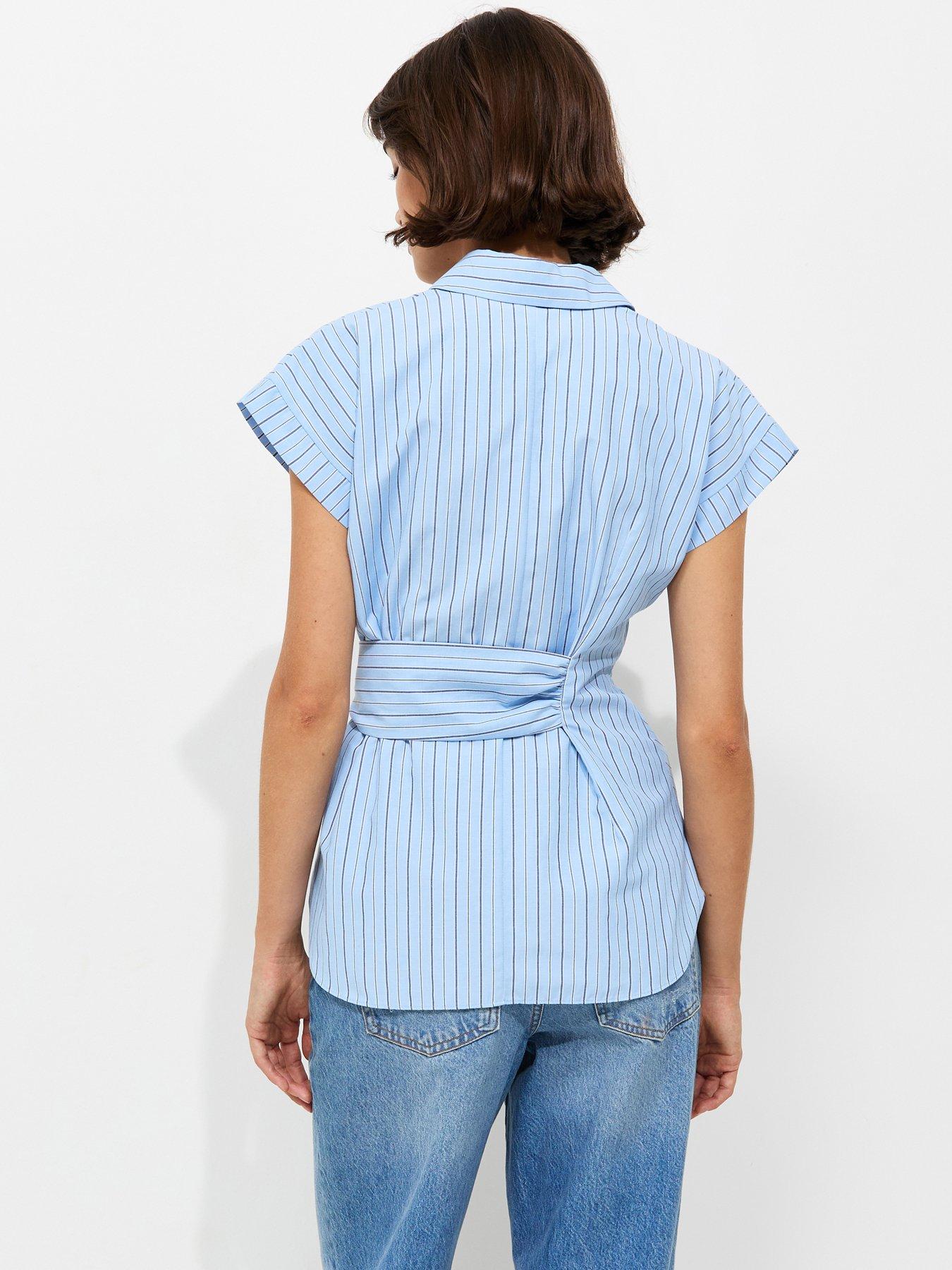 Image 2 of 5 of New Look Striped Tie Front Short Sleeve Shirt - Blue