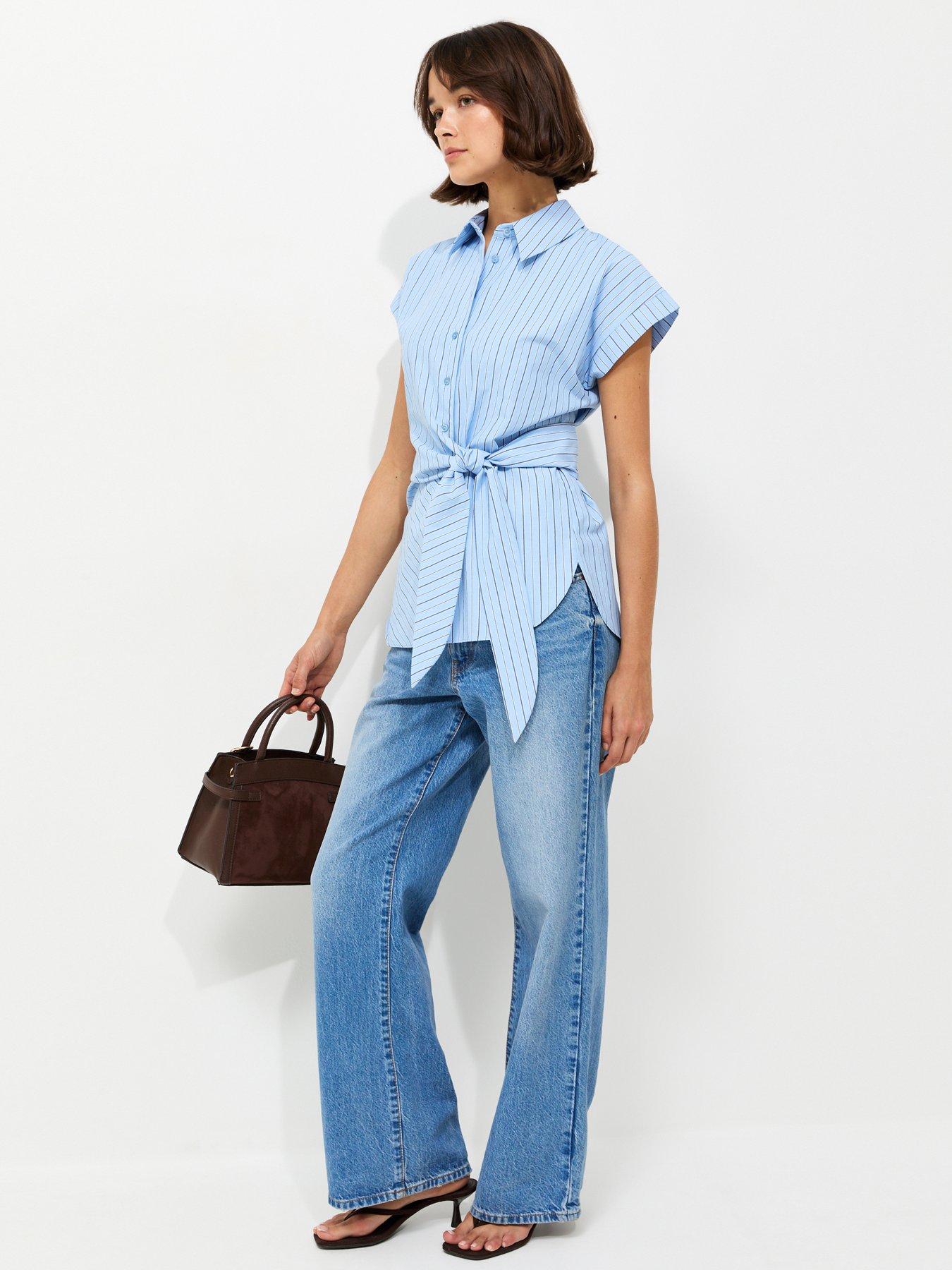 Image 3 of 5 of New Look Striped Tie Front Short Sleeve Shirt - Blue