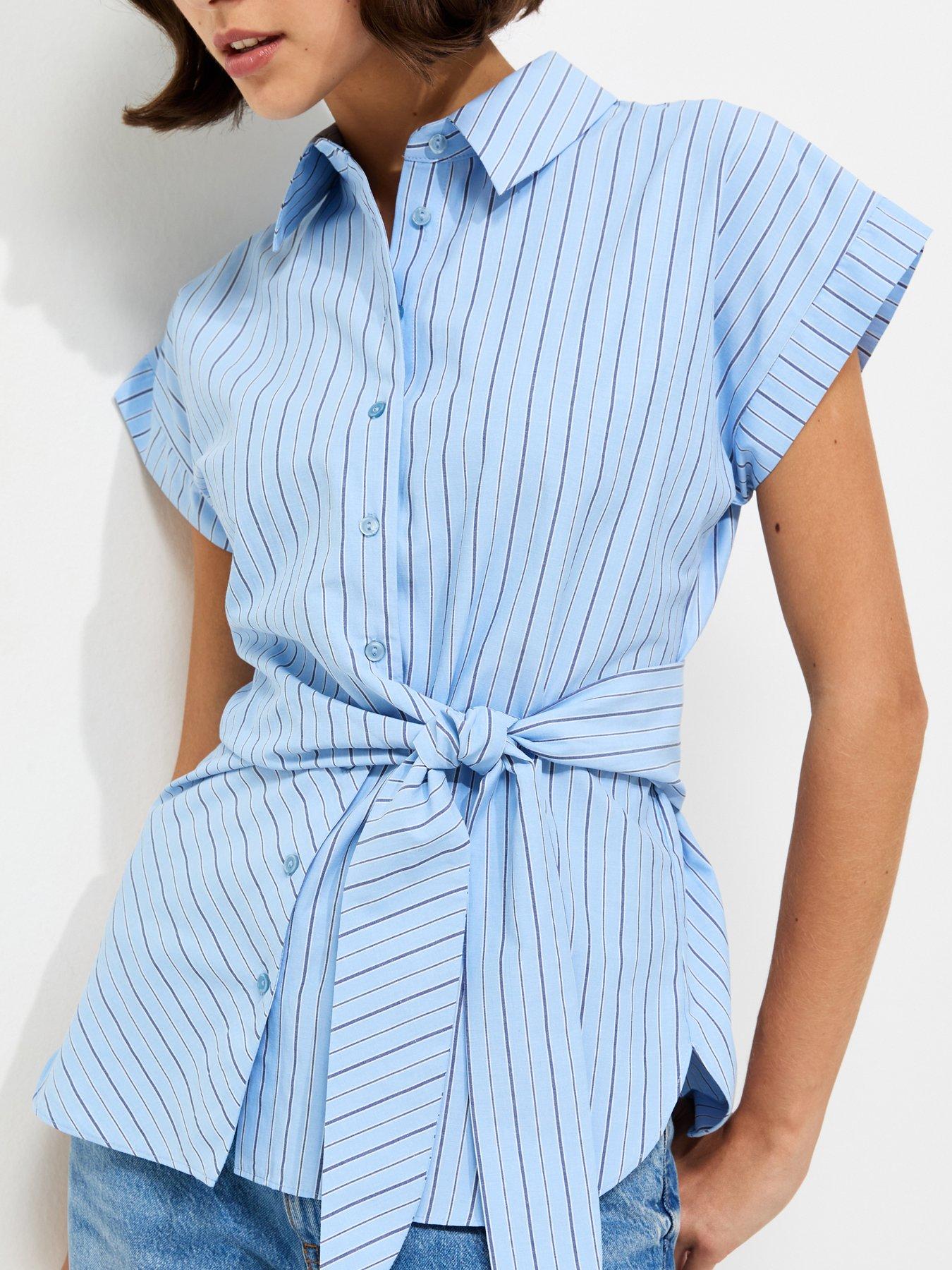 Image 4 of 5 of New Look Striped Tie Front Short Sleeve Shirt - Blue