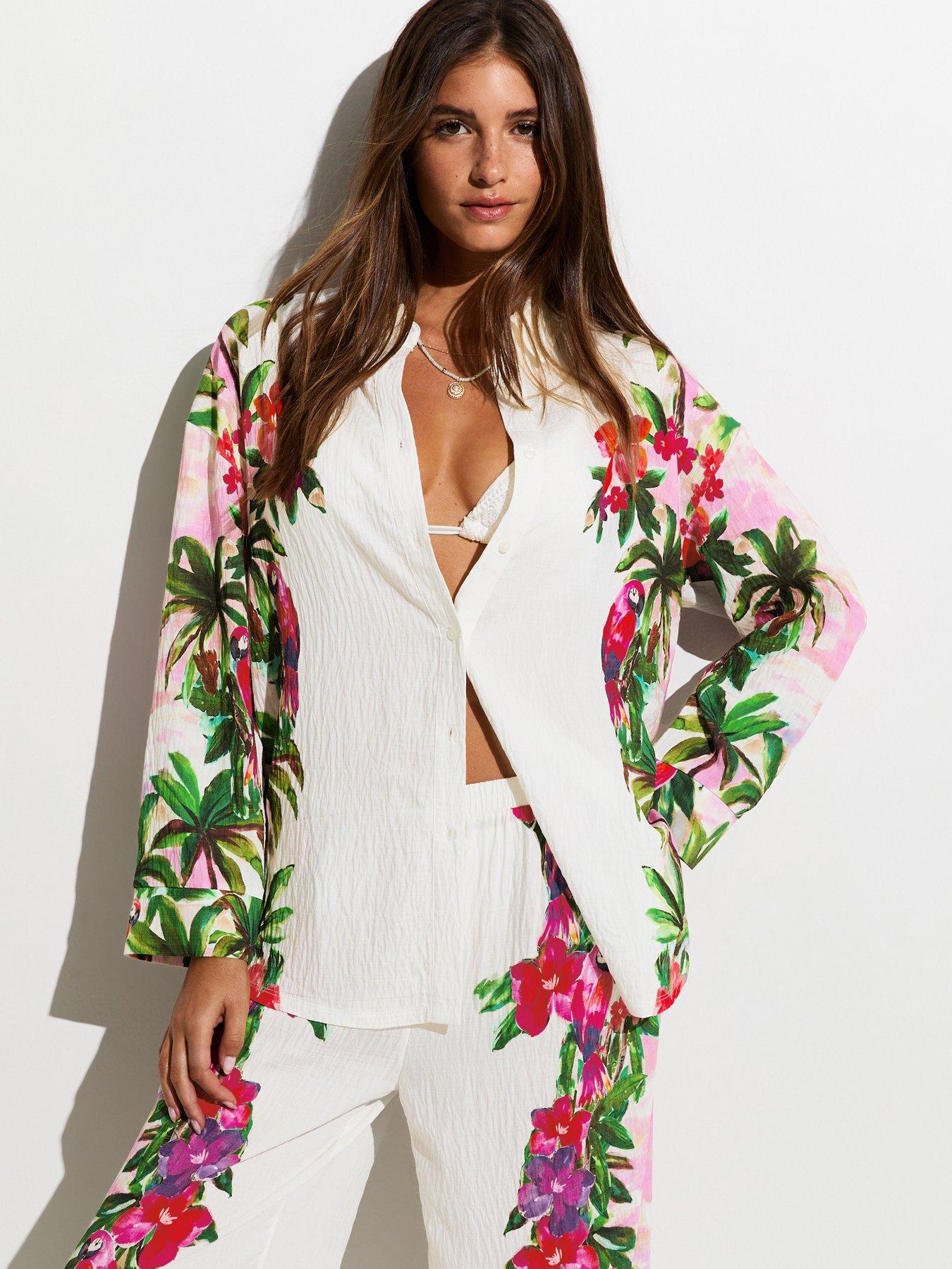 New Look Crinkle Texture Oversized Parrot Print Beach Co-Ord Shirt - White