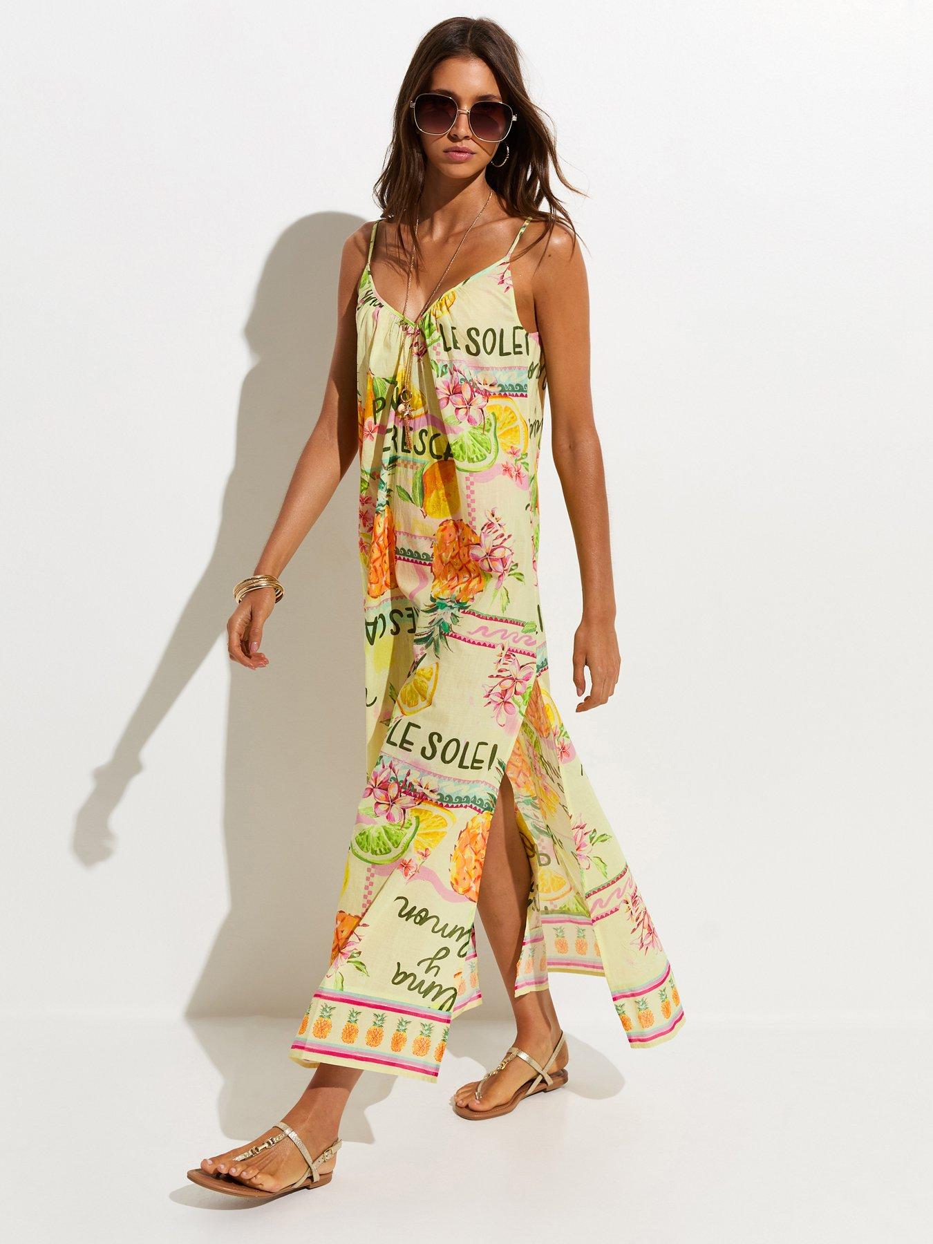 New Look Multicoloured Fruit Print Slit Hem Cotton Maxi Dress - Yellow