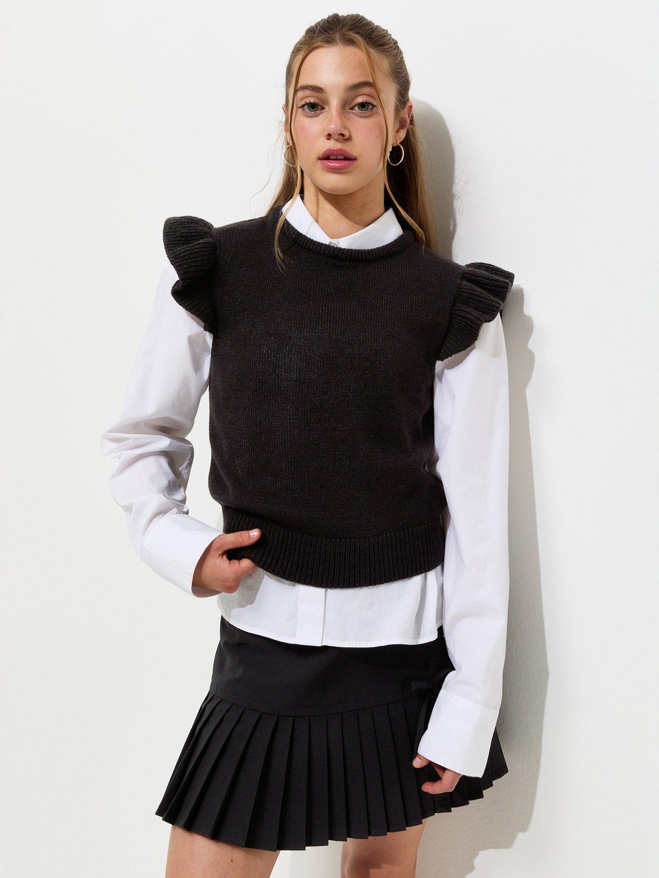 Image 1 of 5 of New Look 915 Girls Knitted Frill Sleeve Vest Top - Black