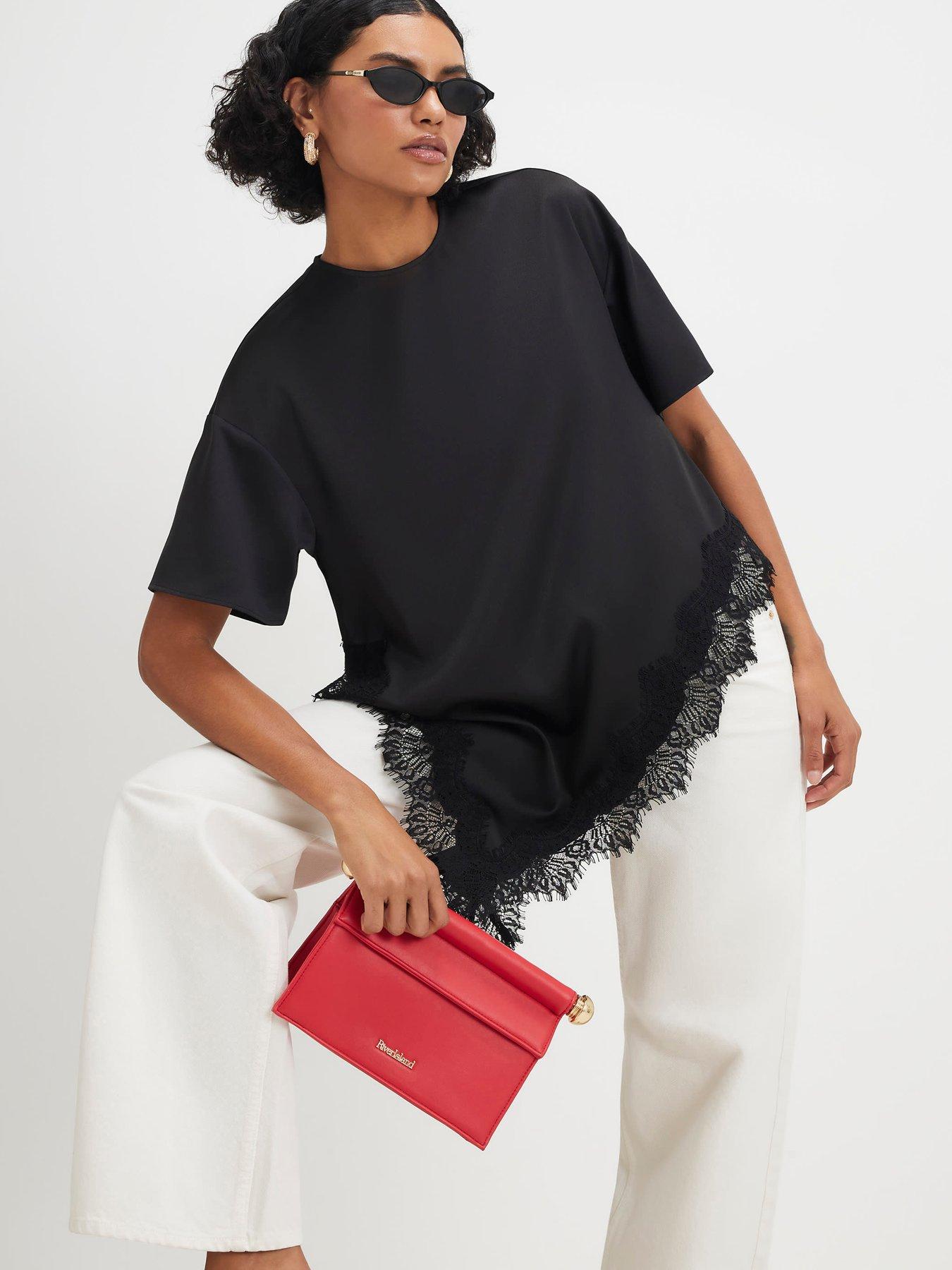 River Island Asym Lace Satin Tshirt - Black
