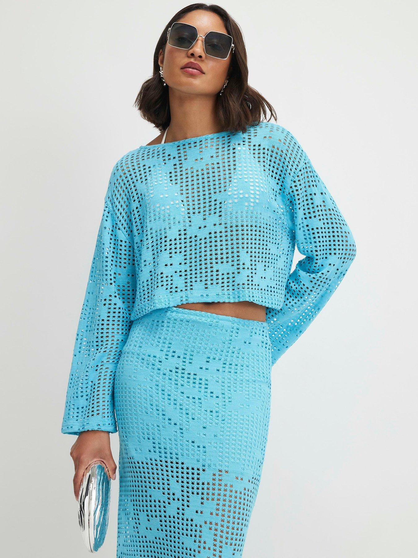 River Island Long Sleeve Floral Crochet Co-Ord Top - Turquoise Blue