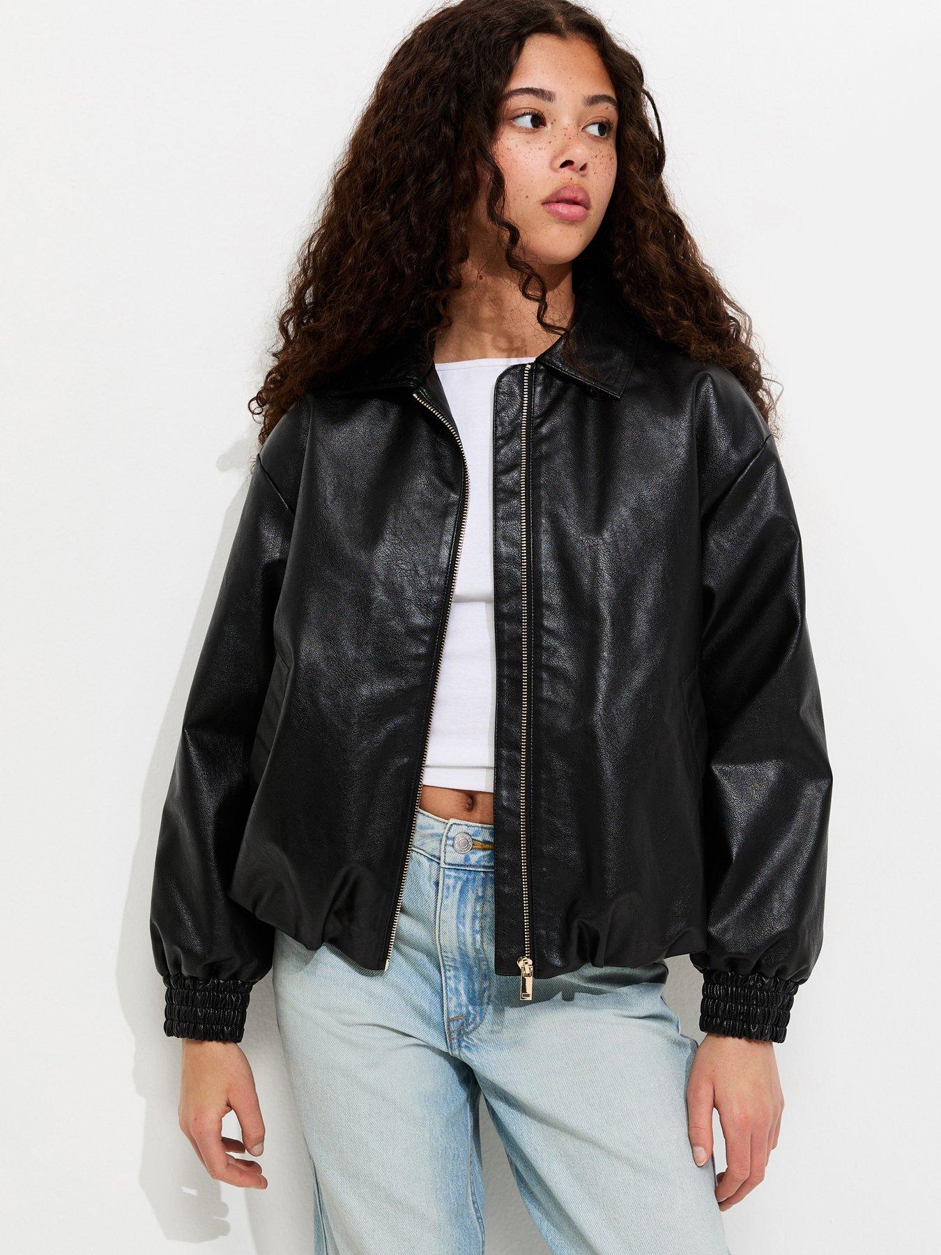 New Look 915 Girls Faux Leather Bubble Hem Bomber Jacket - Black