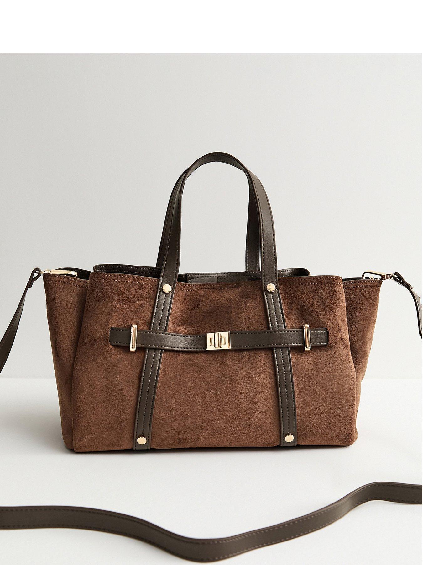 Image 1 of 5 of New Look Faux Suede Triple Compartment Tote Bag - Brown
