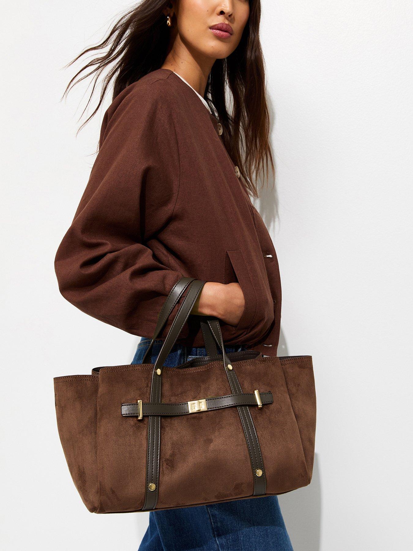 Image 2 of 5 of New Look Faux Suede Triple Compartment Tote Bag - Brown