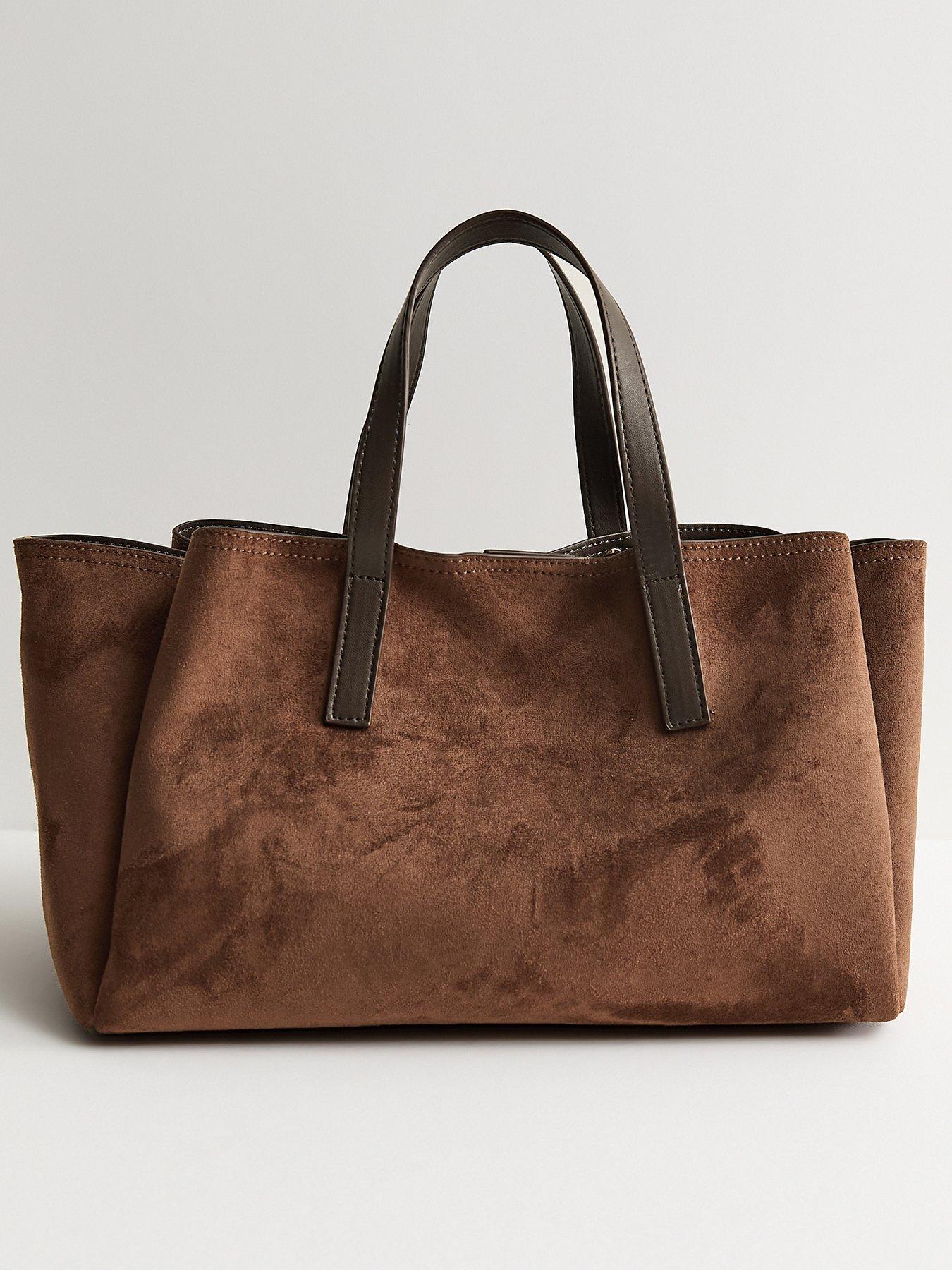 Image 3 of 5 of New Look Faux Suede Triple Compartment Tote Bag - Brown