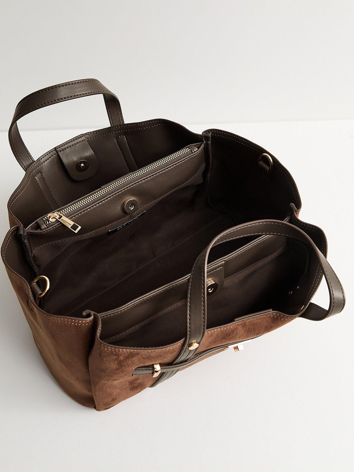Image 4 of 5 of New Look Faux Suede Triple Compartment Tote Bag - Brown