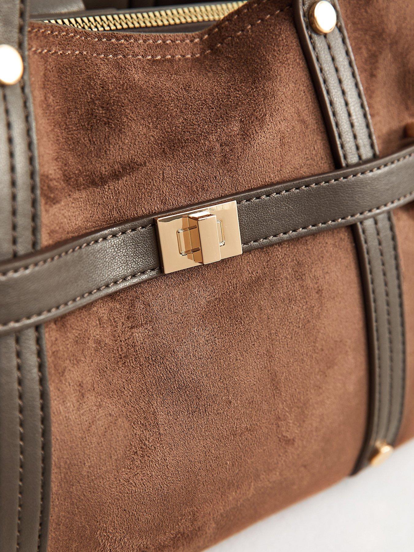 Image 5 of 5 of New Look Faux Suede Triple Compartment Tote Bag - Brown