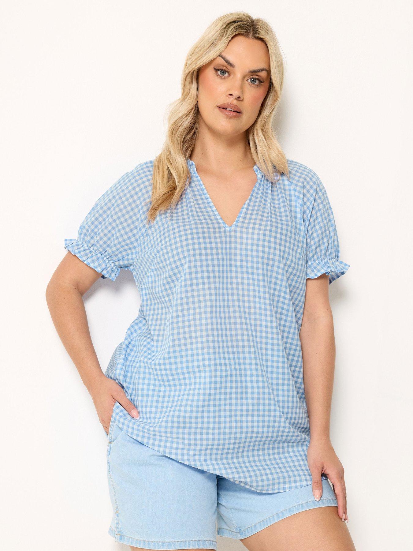 Yours Curve Gingham V Neck Blouse - Blue