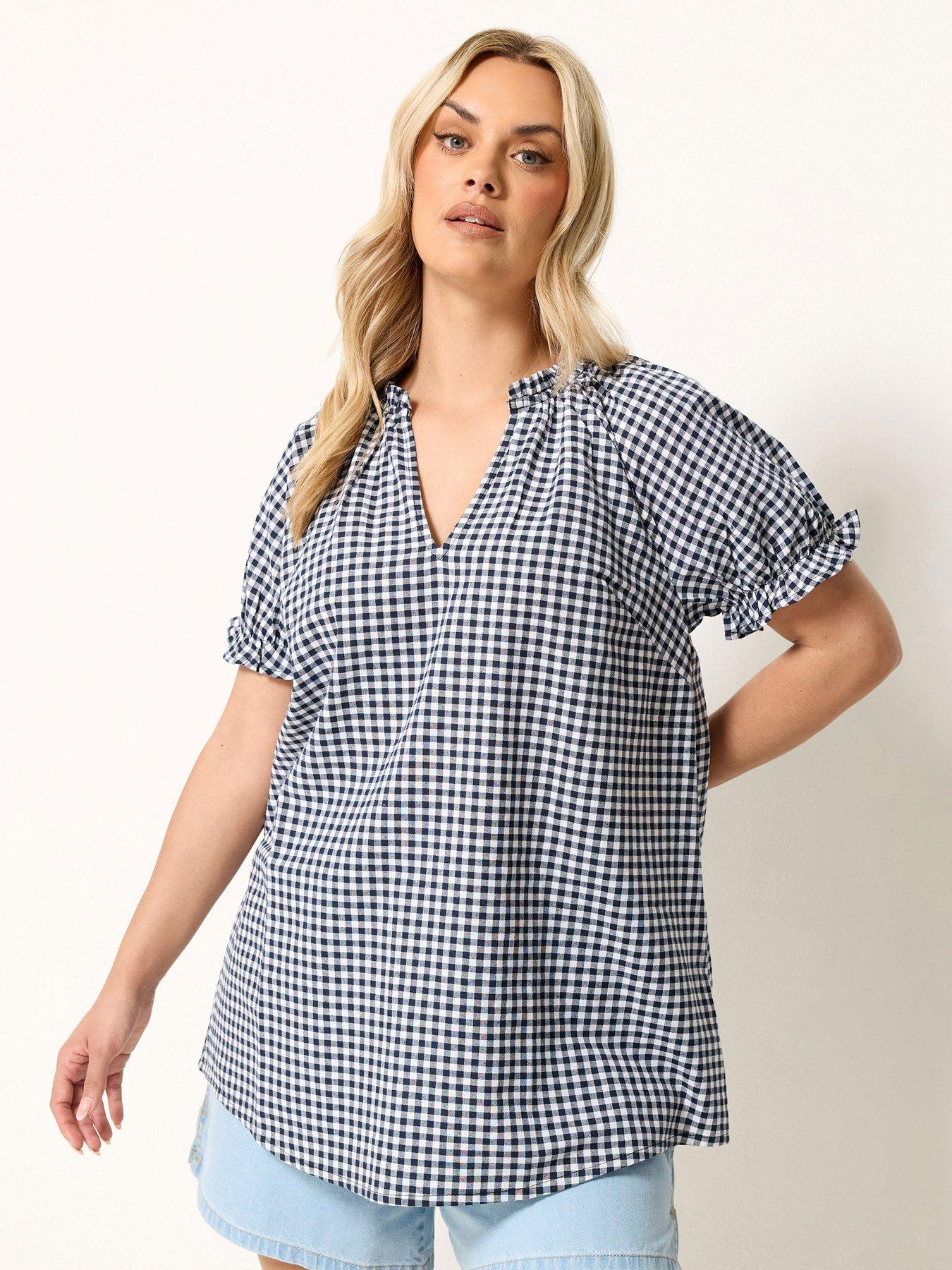 Yours Curve Gingham Notch Neck Blouse - Blue